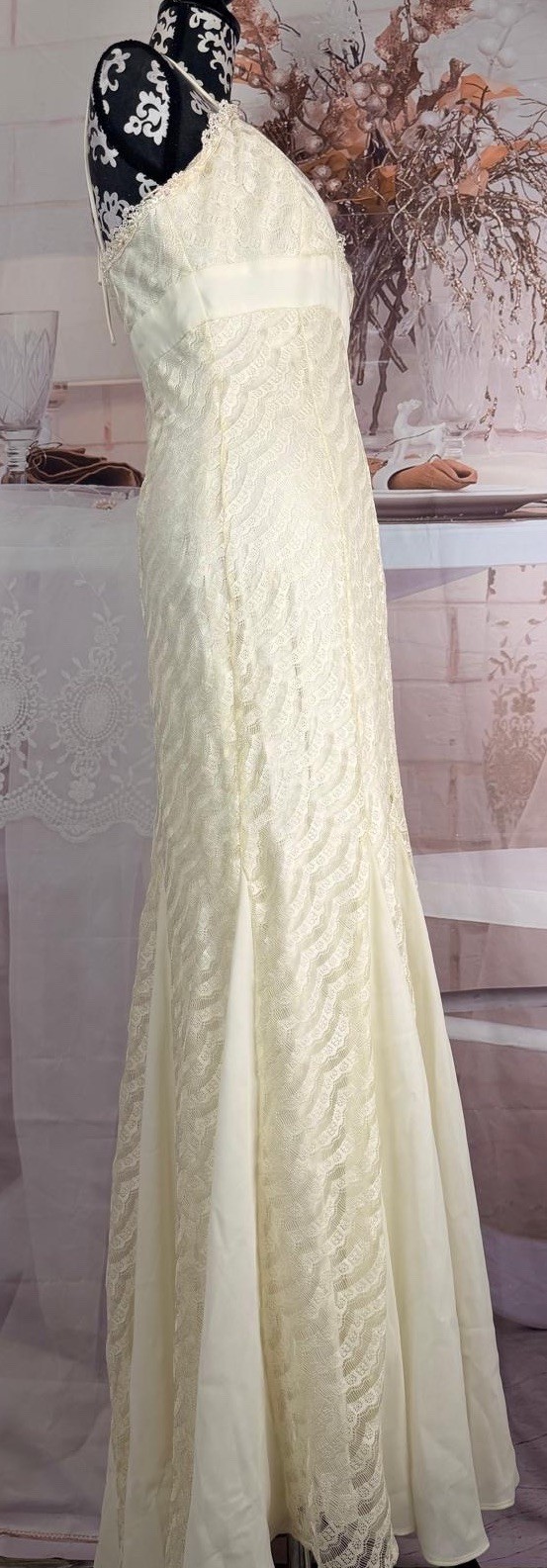 VTG 90’s NIKI by Niki Livas Ivory Laced Overlay Beaded Sequined Maxi Dress 10