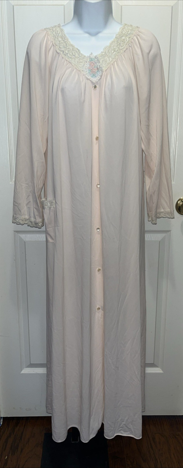 Vintage Shadowline Peach Button Down w/Pocket Peignoir Robe Nylon Lace Size M