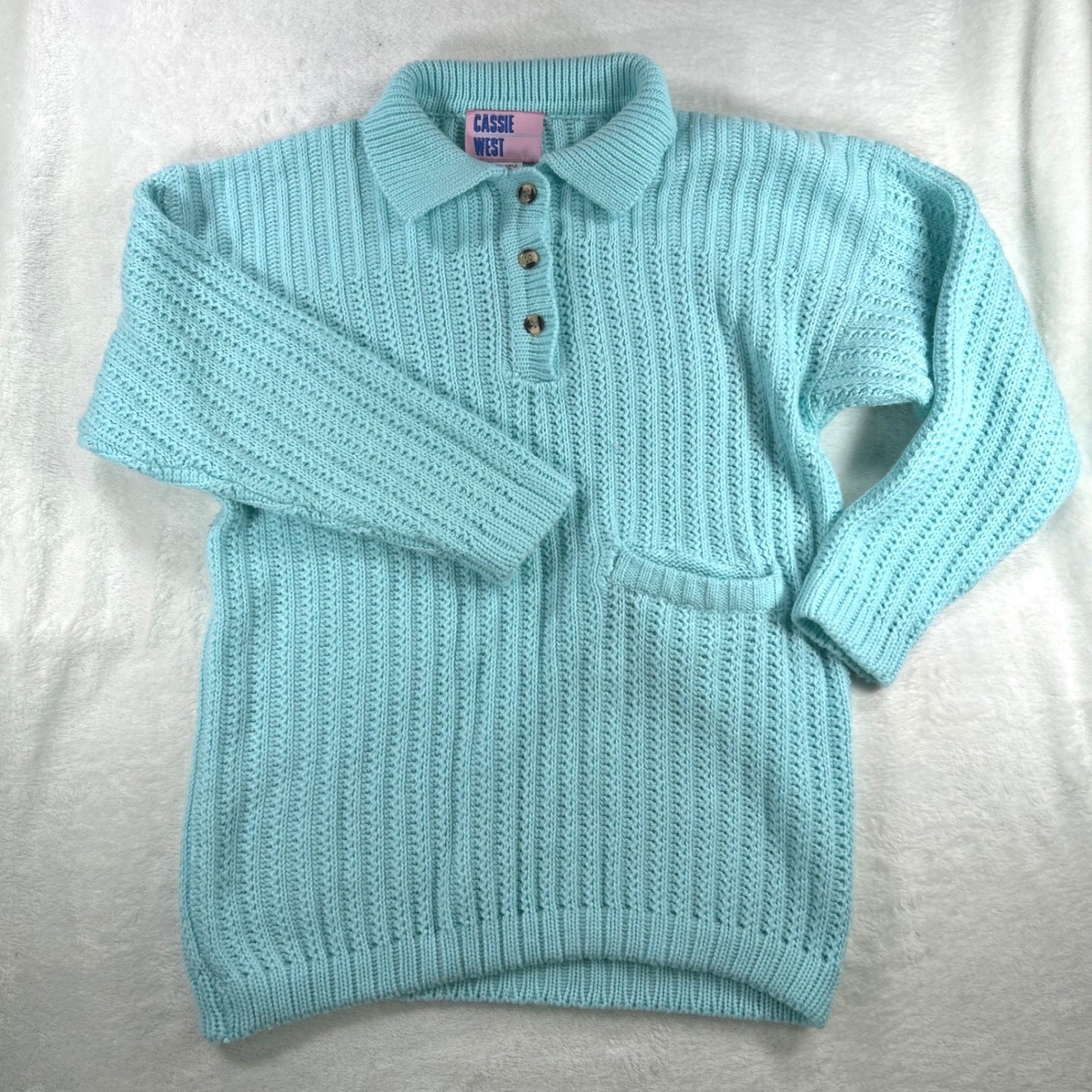 Cassie West Vintage 90s Knit Polo Sweater L Aqua Blue Coastal Grandmother Preppy