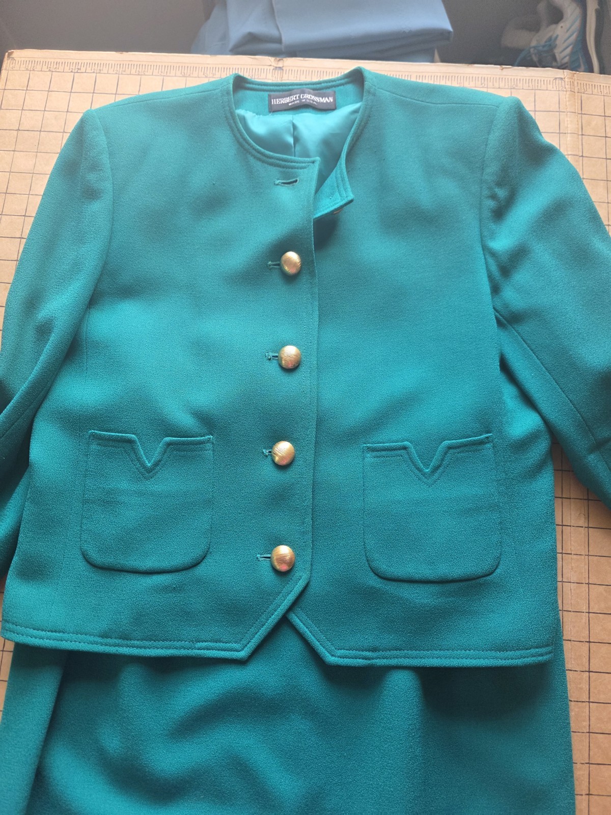VTG Herbert Grossman Talbots Teal Green 100% Wool Skirt Suit Set Sz 14 Fits M/L