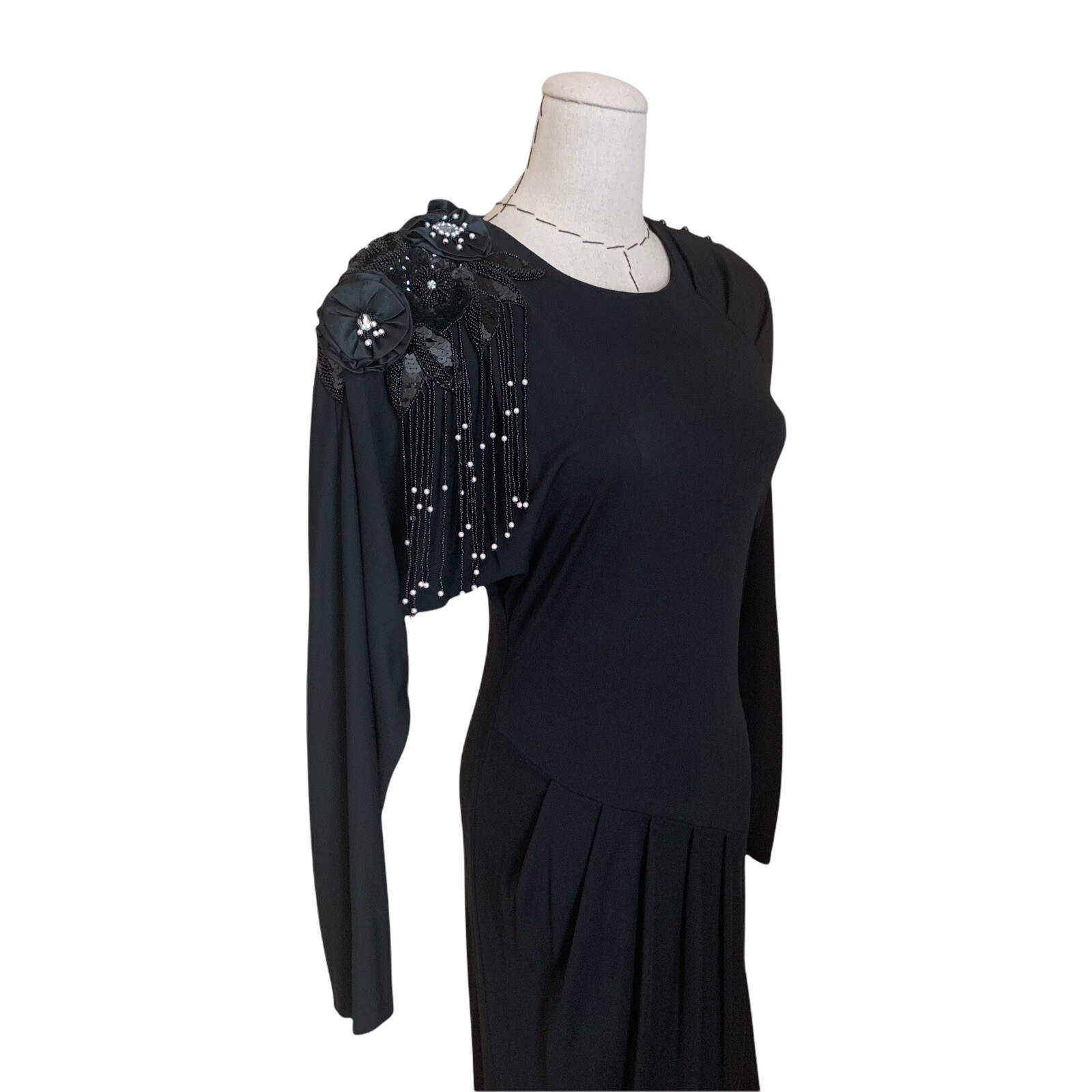 Vintage 80s Casadei Glam Beaded Evening Dress Draped Deco 20s Big Shoulders S