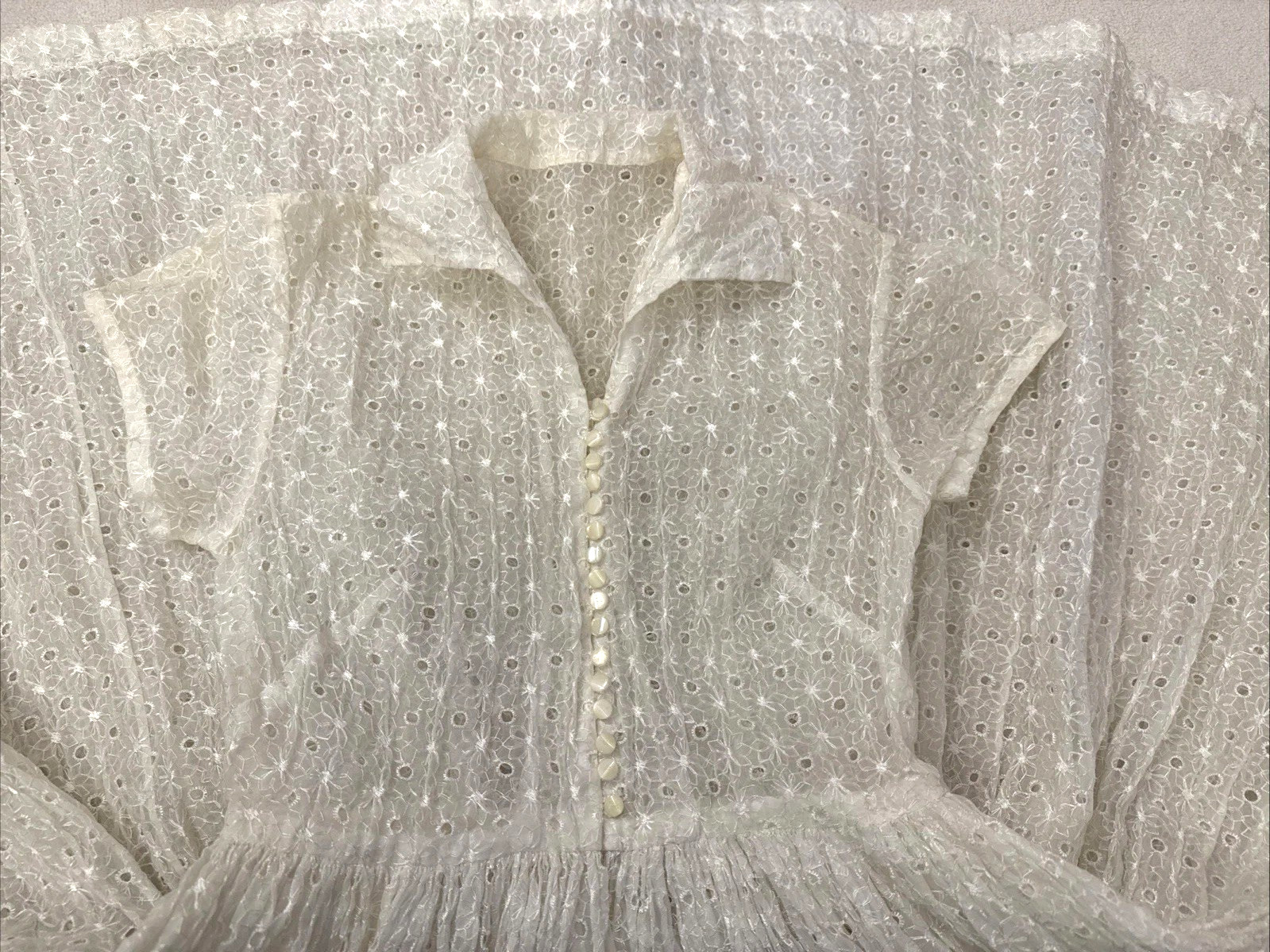 vintage 50s 1950s sheer overlay shirt dress eyelet button up peter pan collar