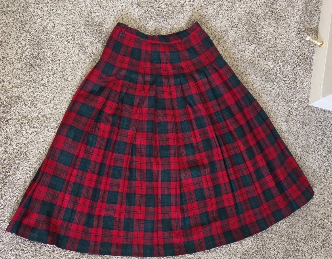 Vintage Pendleton Tartan Plaid Wool Pleated Skirt Red Green Sz 8