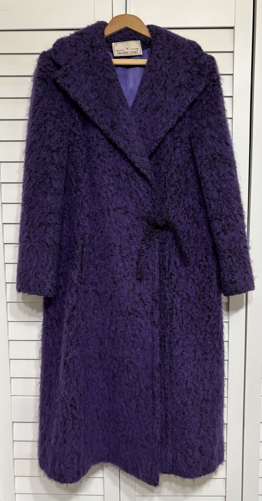 VTG Pauline Trigère Wool Blend Wrap Purple Black Coat Saks Fifth Ave Size 16