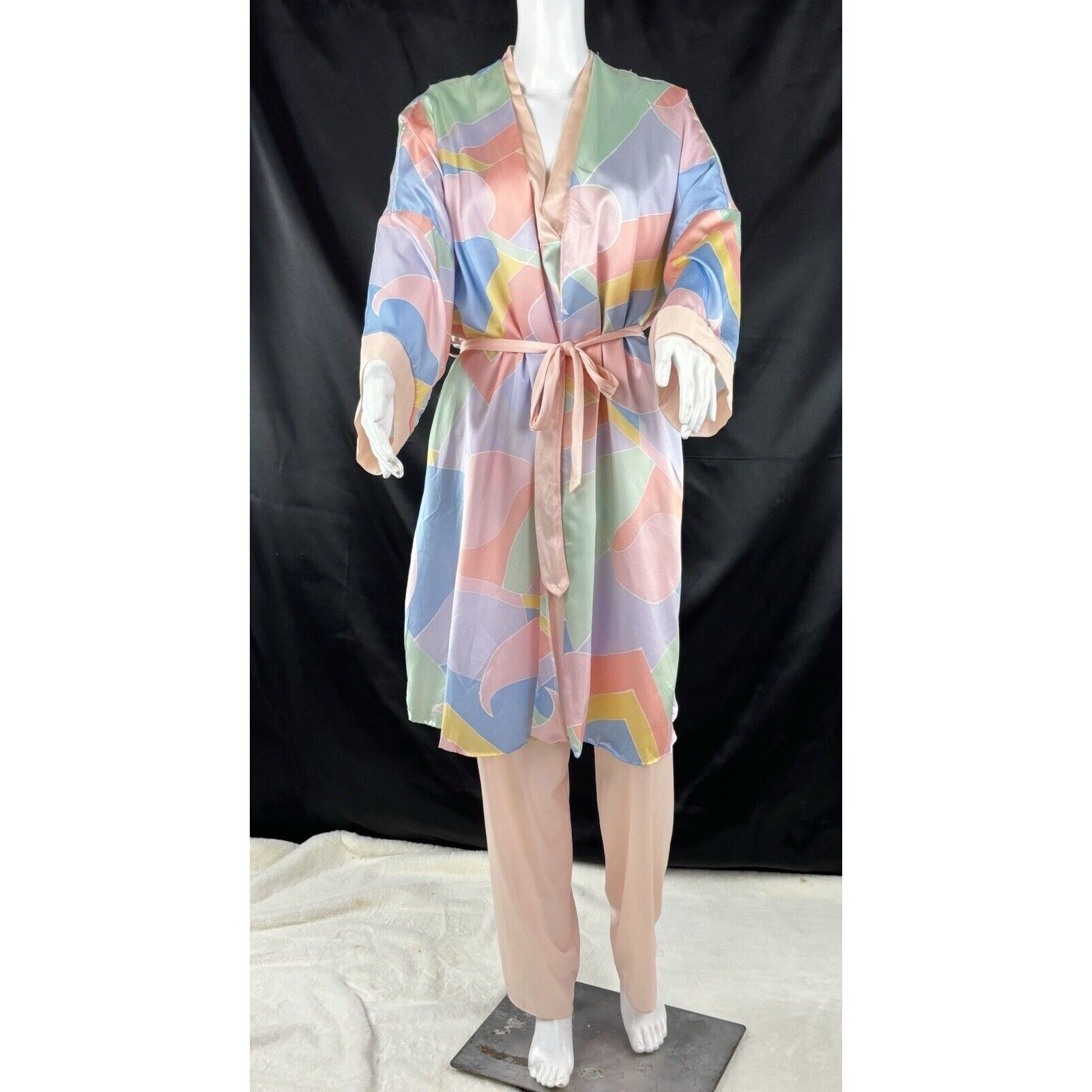 Yolande Mod Robe Satin Blouse Floral Shirt Pink Pants Vintage 80’s 3pc Lingerie