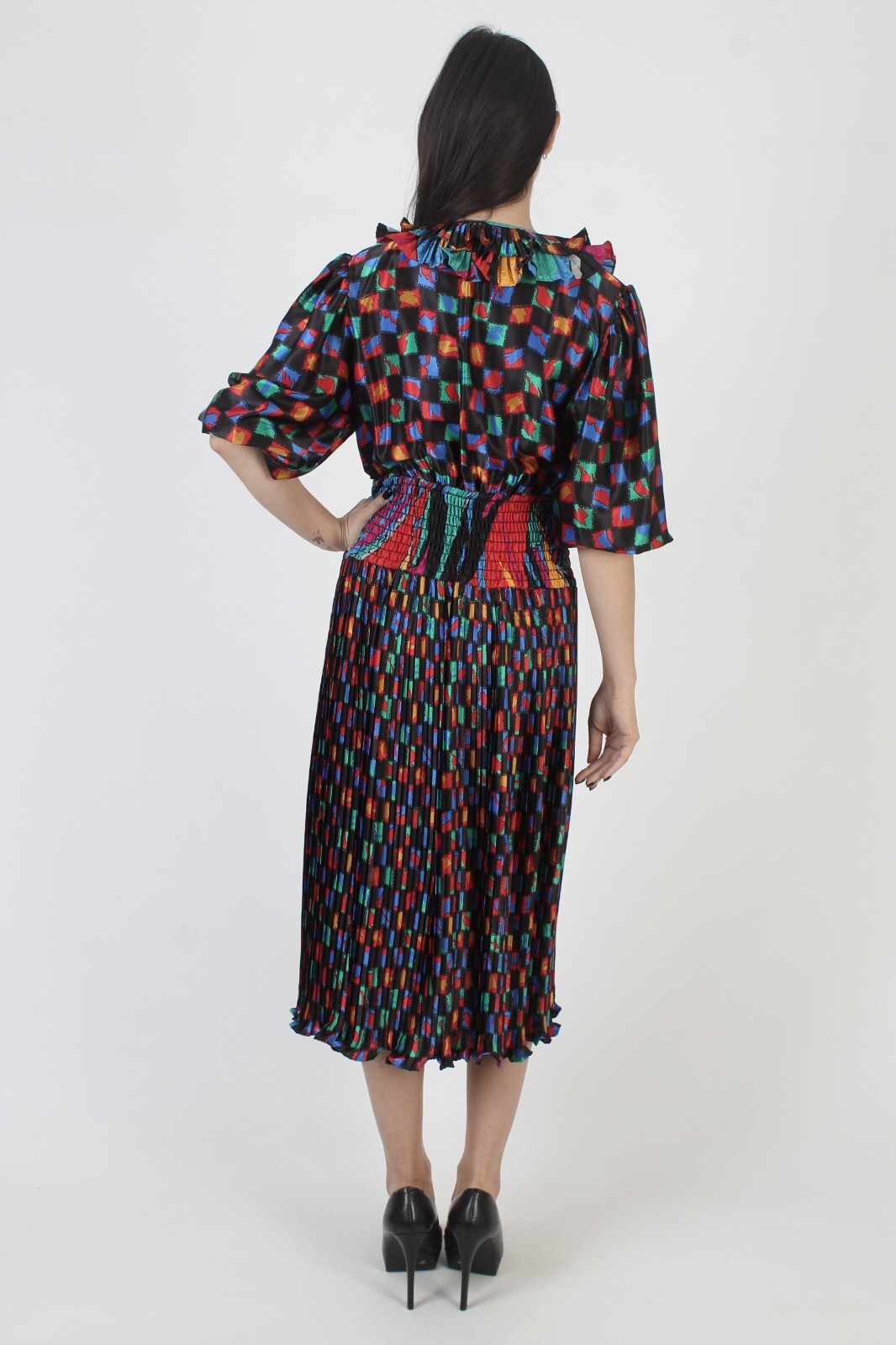 Vintage Asorti Susan Freis Dress Black Georgette Ruffle Rainbow Cocktail Midi