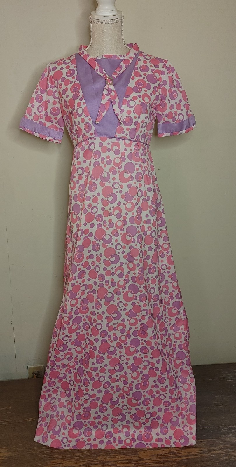 Vintage 1960s Mod Maxi Dress Pink Purple Bubble Print Psychedelic HandmadeGroovy