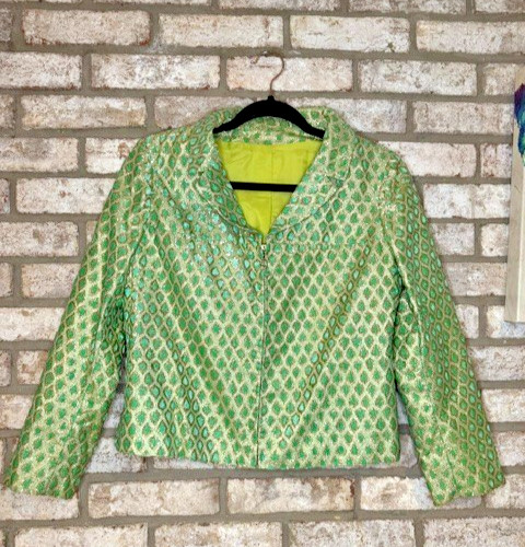 VTG T. Jones 1960s 2pc Skirt Suit Green Gold Brocade Mod Jackie O Set Sz S/M