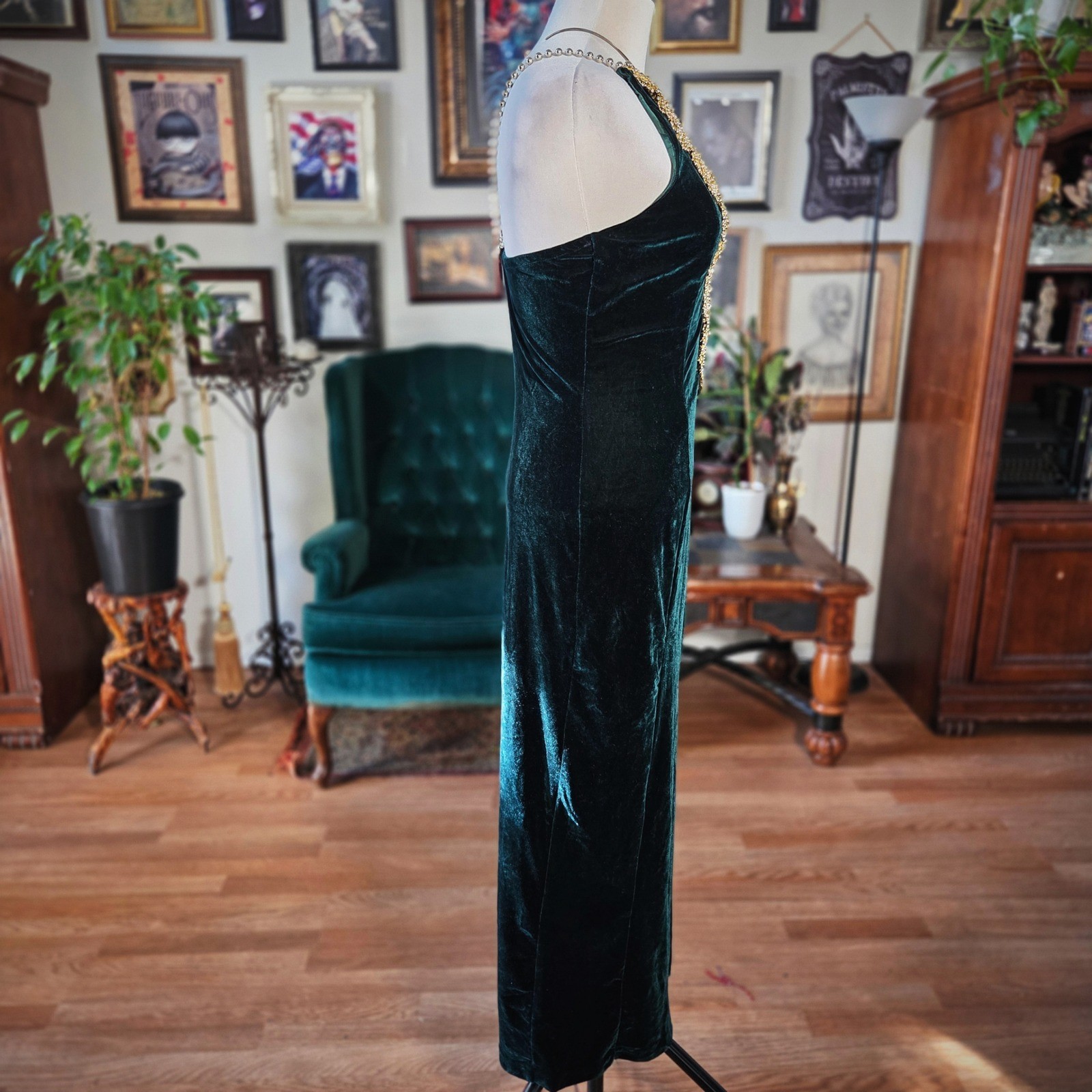Speed Fashion Velvet Dress Vintage 90s Emerald Green Gold Beaded Maxi Gown USA