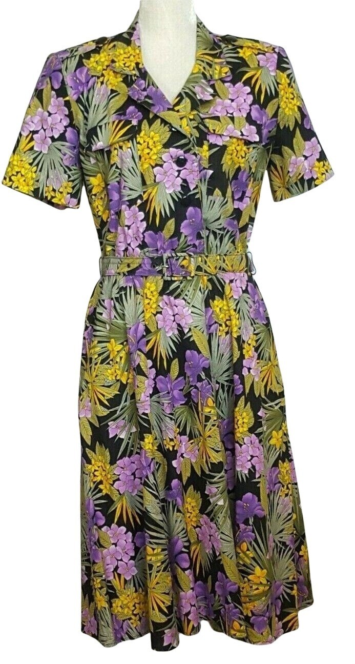 Tabby Dress M/L Cottage Core Belted Modest Black Purple Floral Midi Vintage 80s