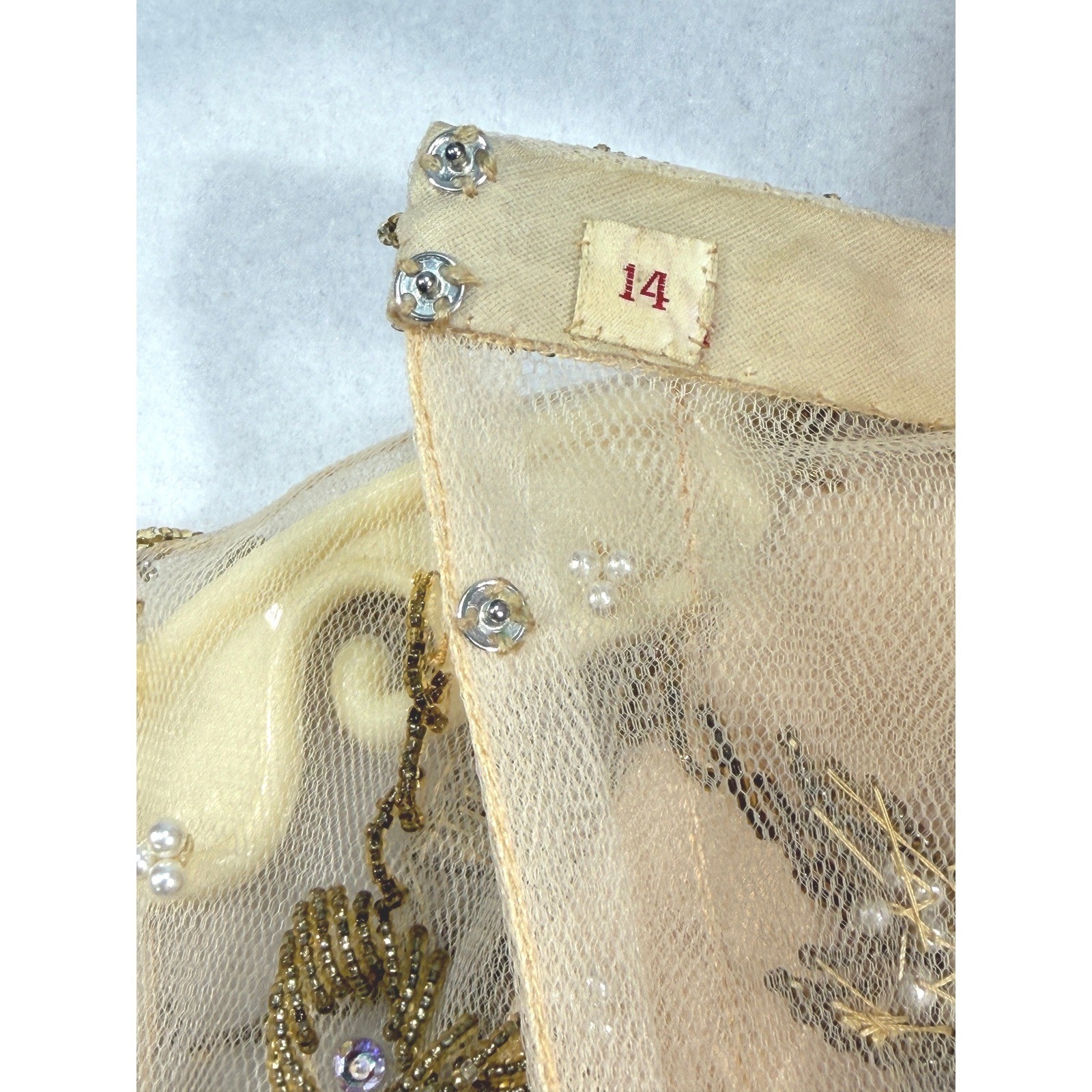 Handmade Vintage Palm Beach Gold Silk Beaded Dress 14 M / L Long Sleeve