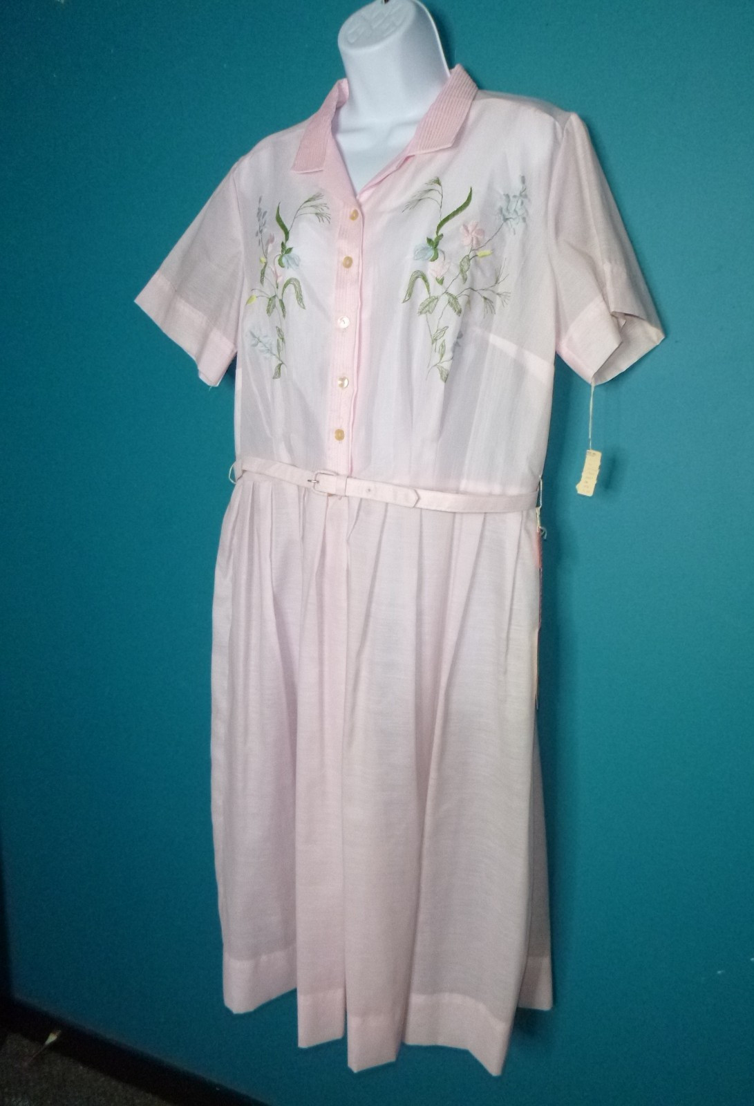 NOS Vtg 60s Pink Dress W/ Embroidered Flowers W/ Belt Sz XL/XXL Volup