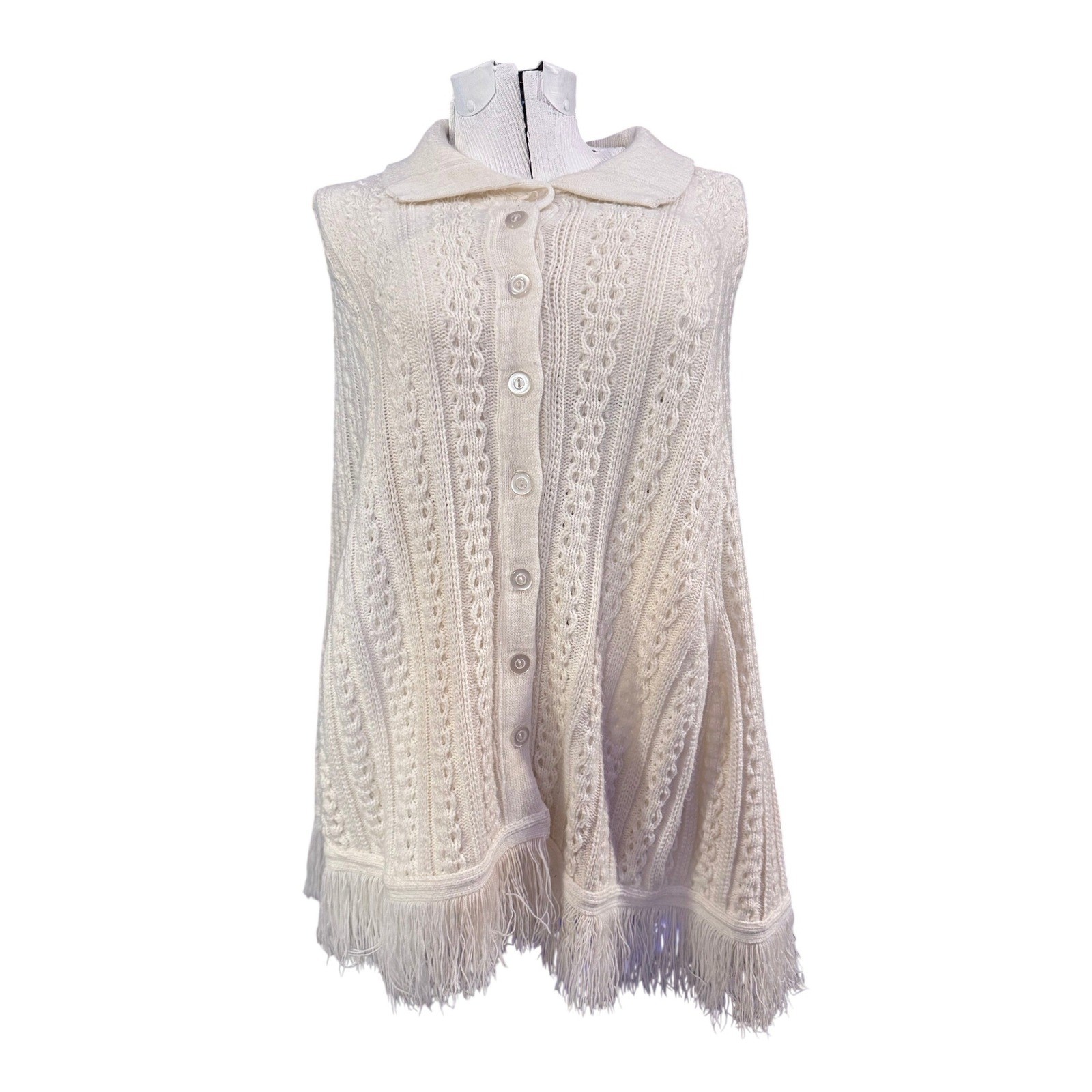 Cottagecore Cream Cable Knit Button Boho Front Poncho Cape Fringe Collared 70s