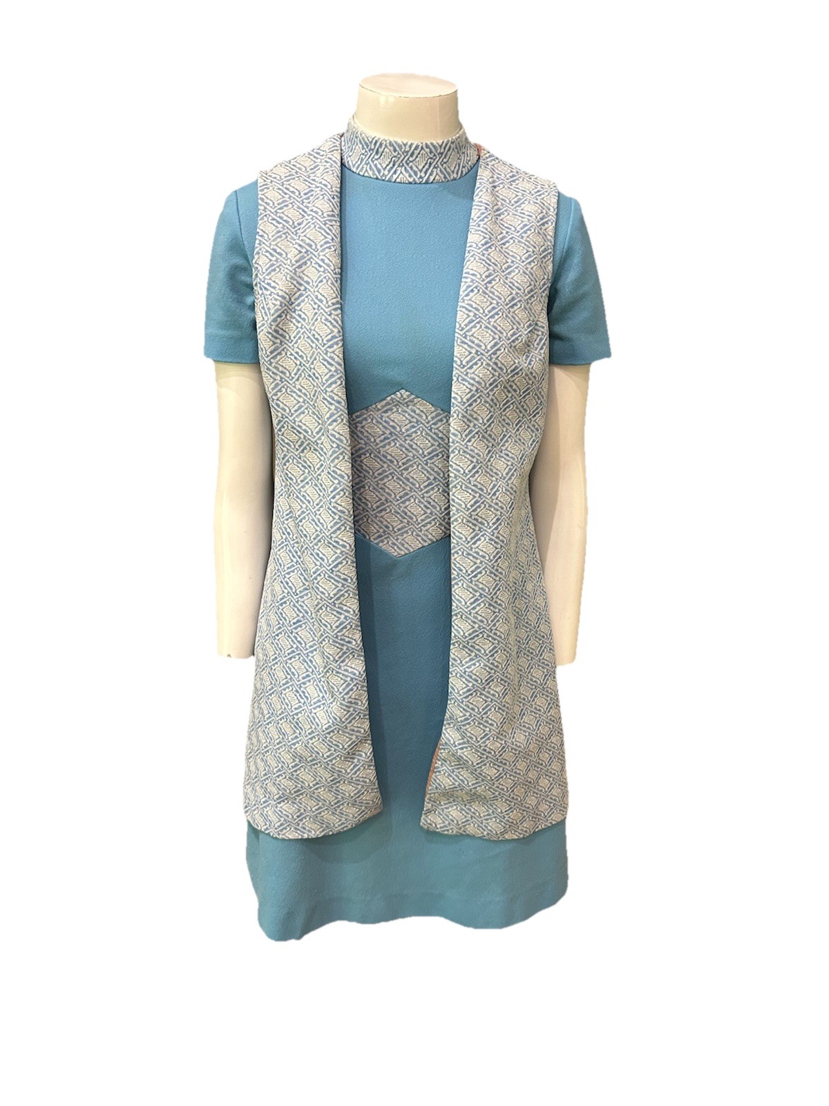 Vintage 60s Mod Blue Geometric Dress Vest Set XXS 24 Waist As Is