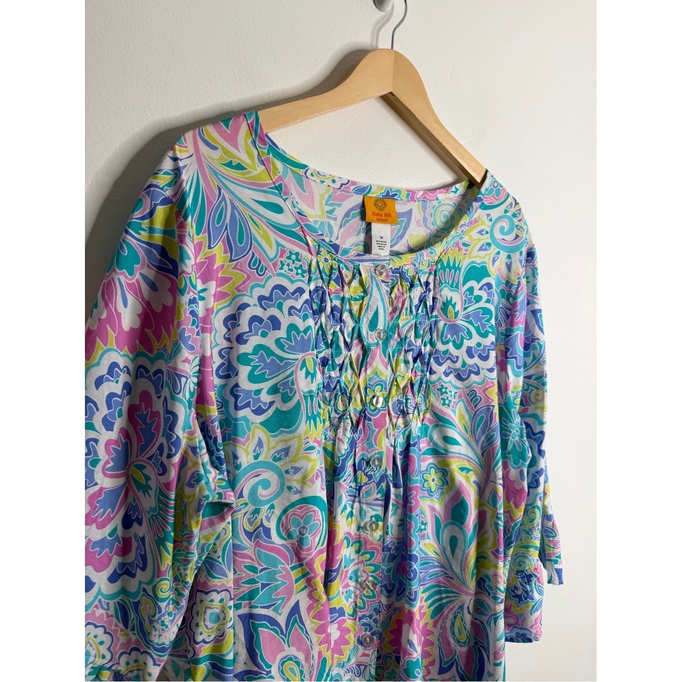 Ruby Rd Pink Blue Paisley Floral Bell Sleeve Boho Peasant Top 1X Flowy Whimsical