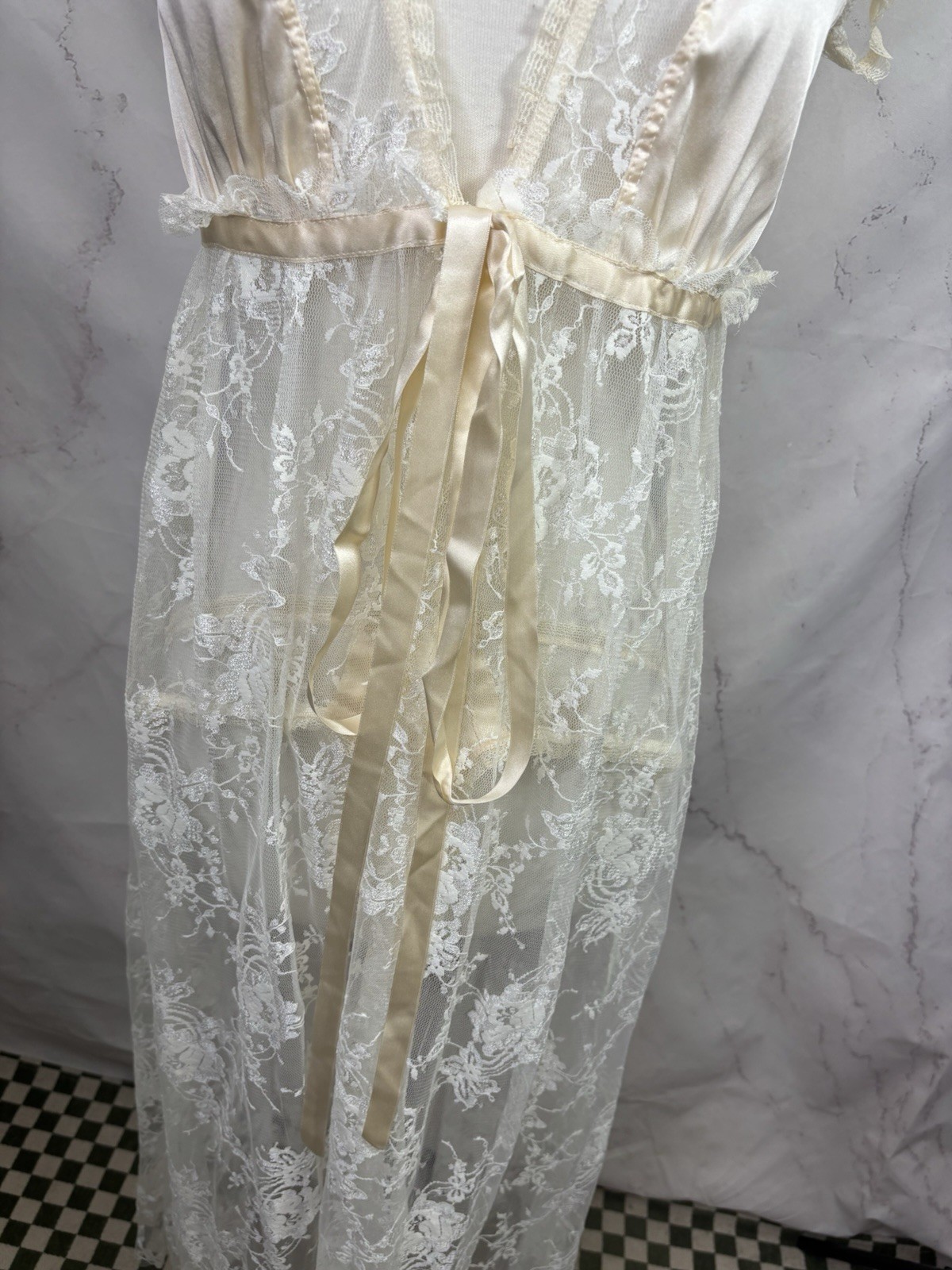 Vtg 90s CLAIRE PETTIBONE Babydoll Sheer Lace Silk Nightgown Robe Dress S Bride