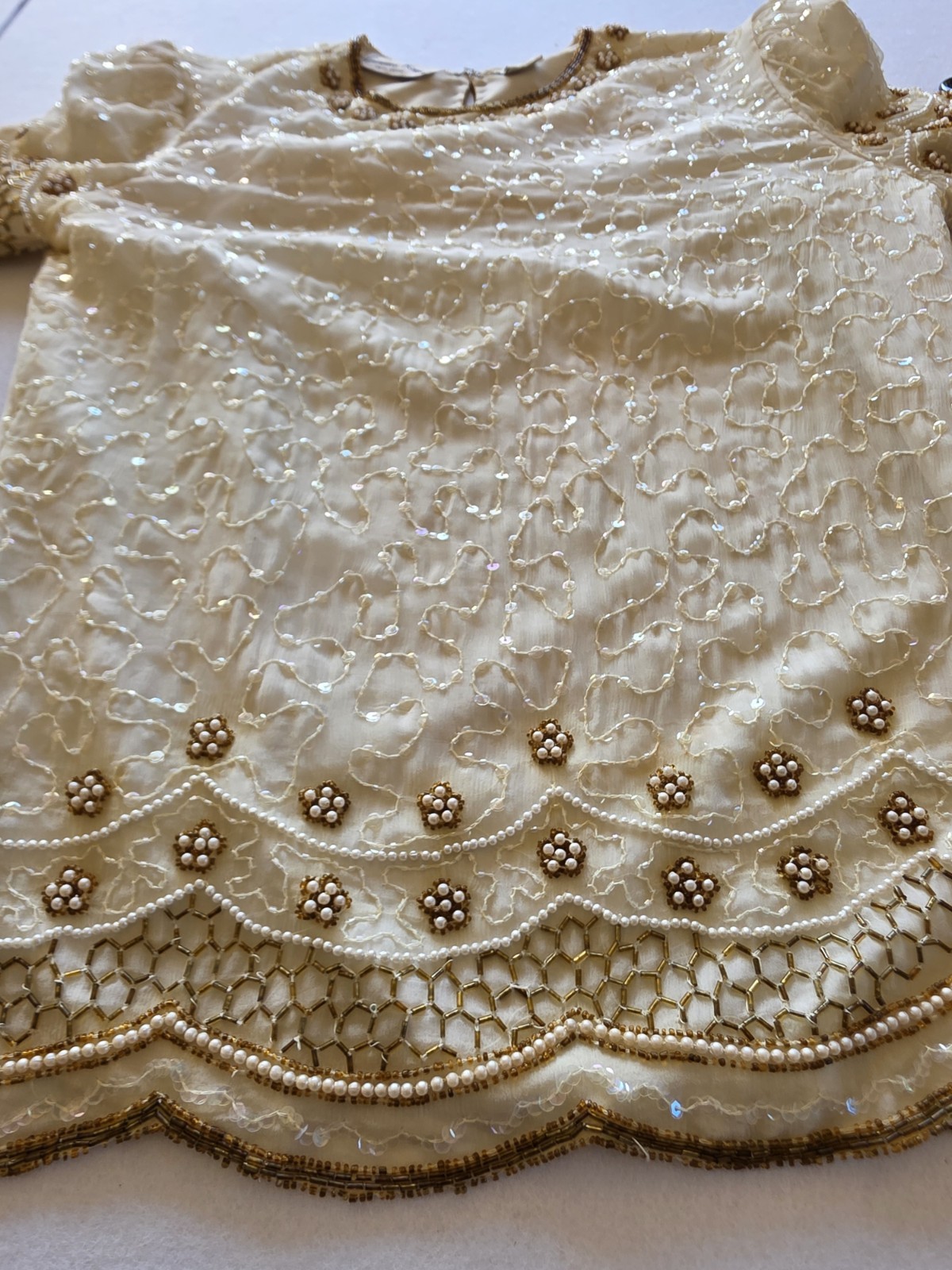 Laurence Kazar Cream and Gold Vintage Beaded Silk Blouse Size Medium
