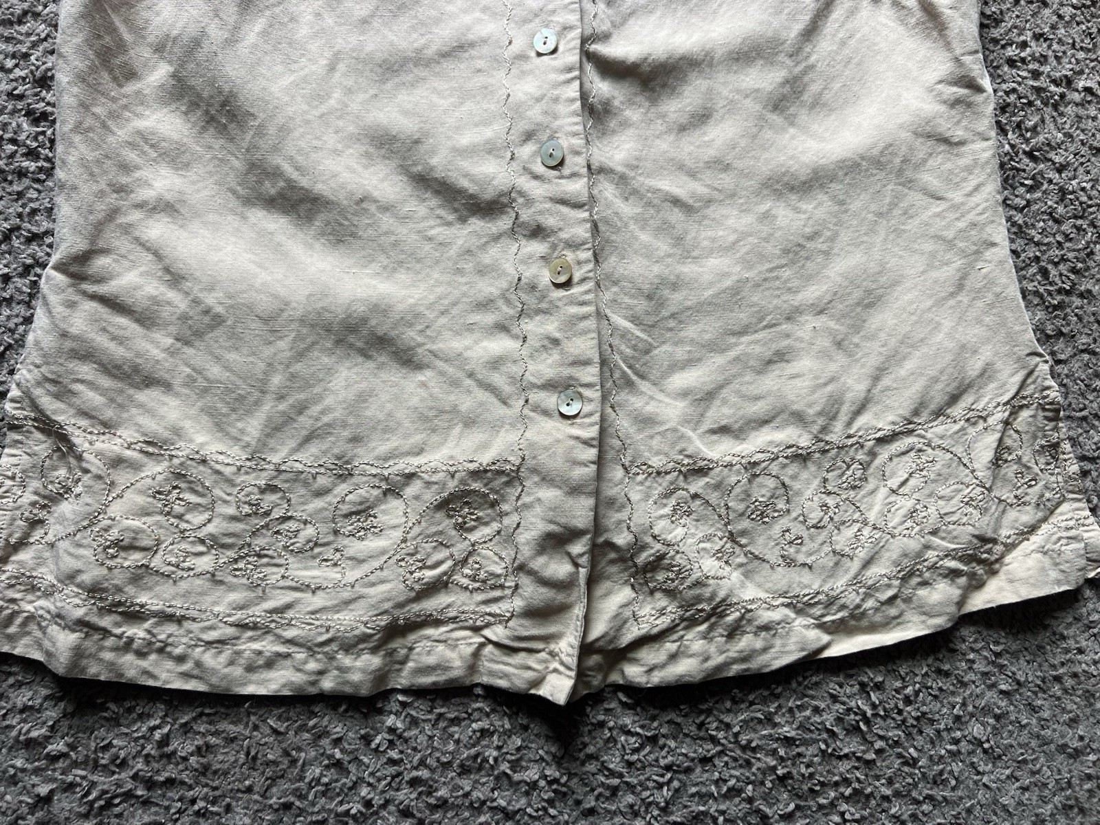 Vintage Y2K 90s Shirt Size 14 Ivory Sleeveless Embroidered Beaded Linen Rayon