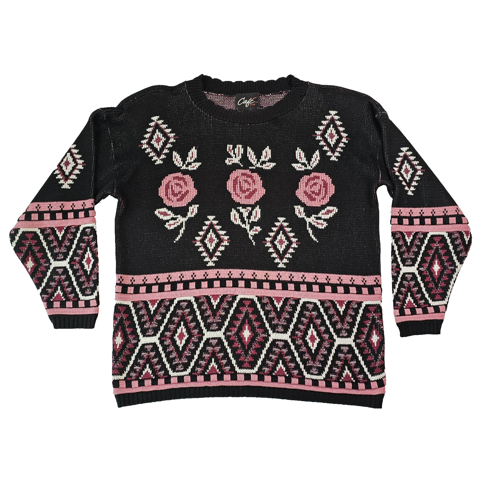 Cafe La Vie Womens Black Pink White Vintage 80s Geometric Rose Knit No Size