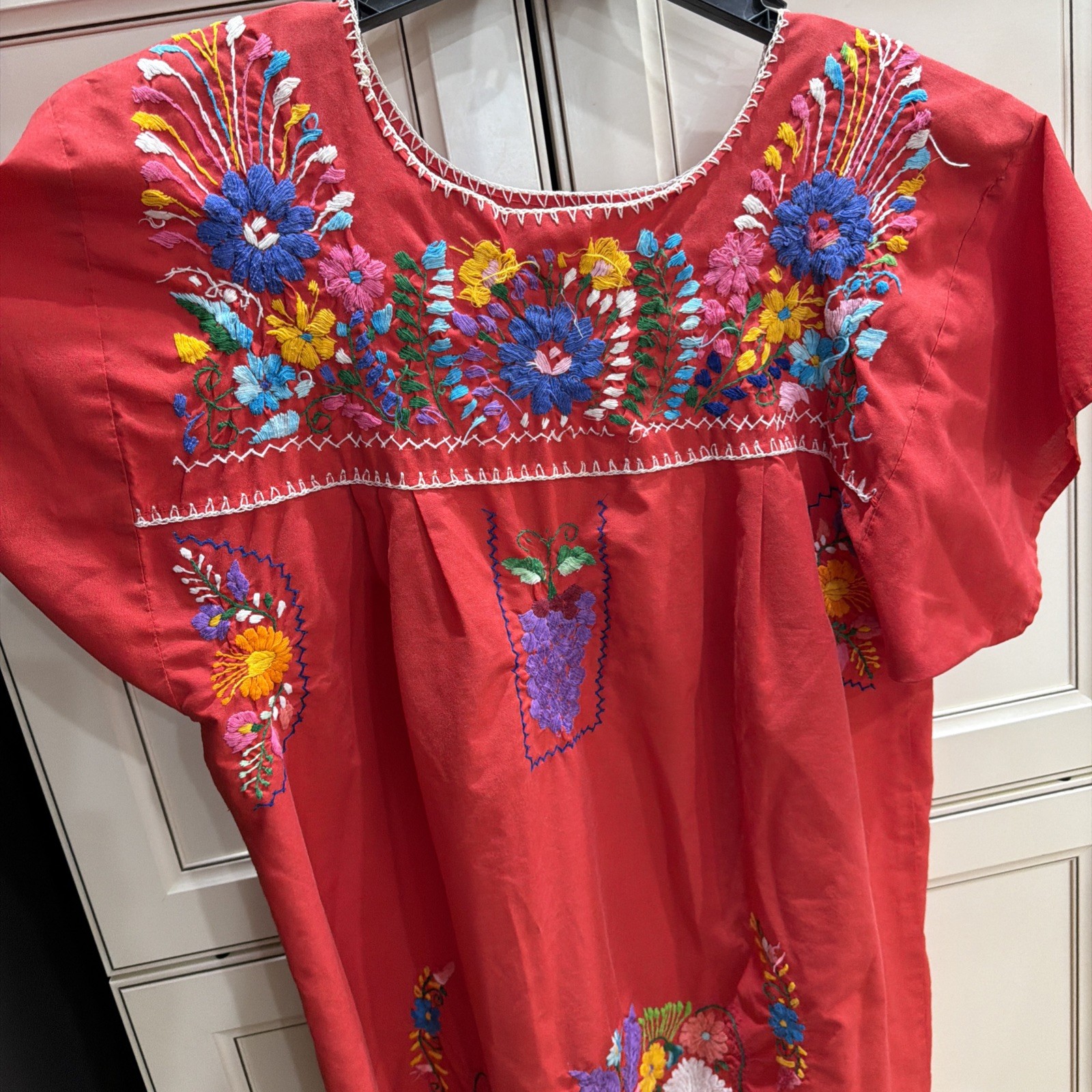 VTG Hand Embroidered Oaxaca Mexican Folk Art Dress Floral Motifs Women Size L
