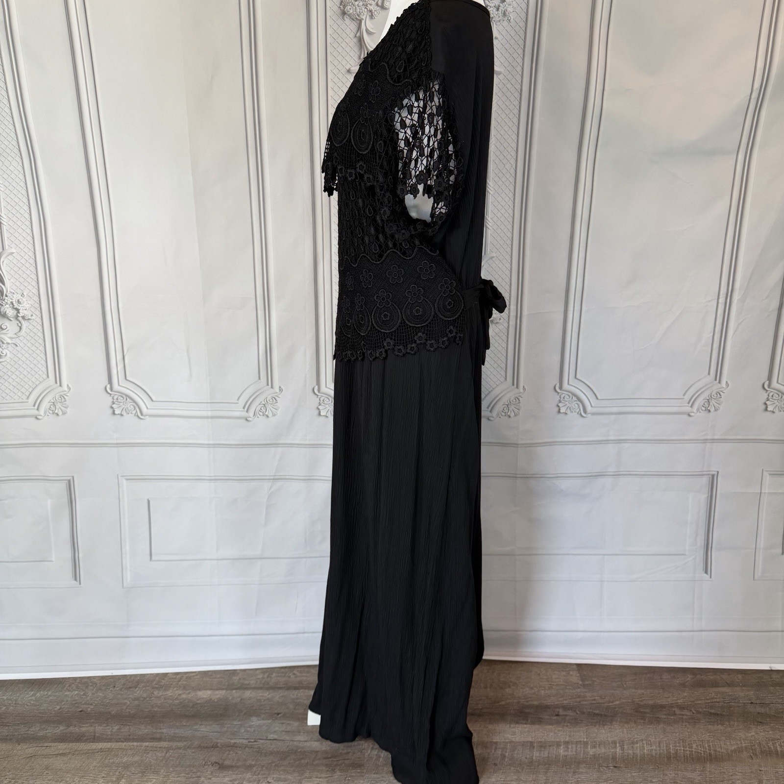 Vintage 90s Magnet Art Lynn Yang Boho Crochet Lace Overlay Dress SZ L Maxi Flowy