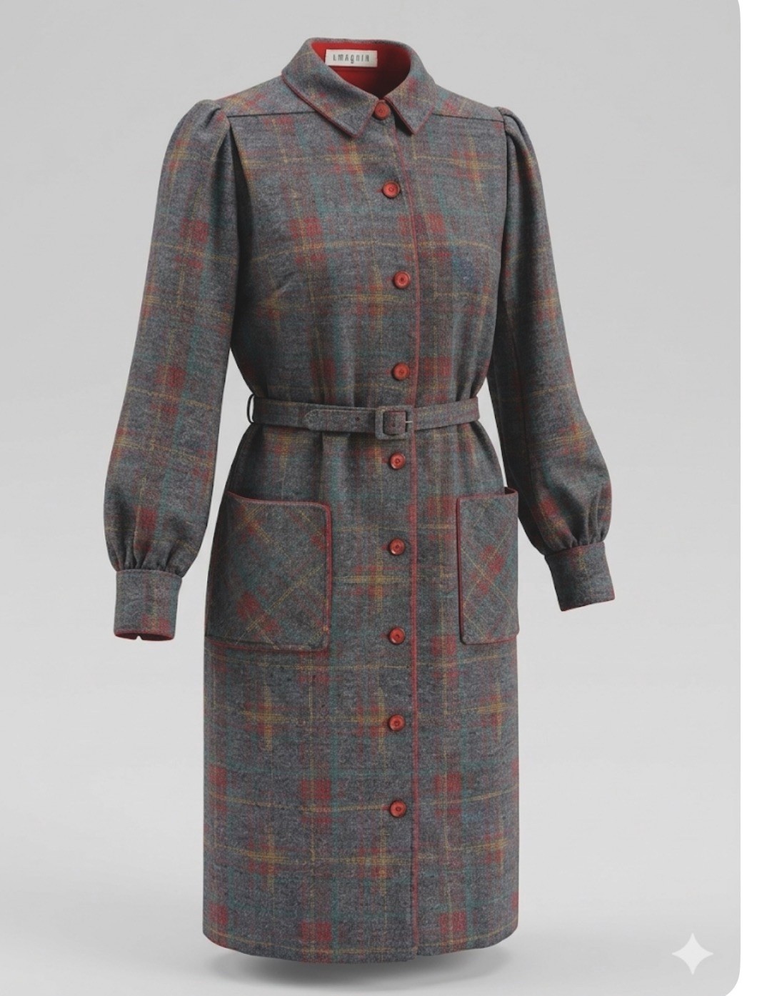 Vintage I. Magnin Grey Plaid Wool Blend Belted Coat Dress