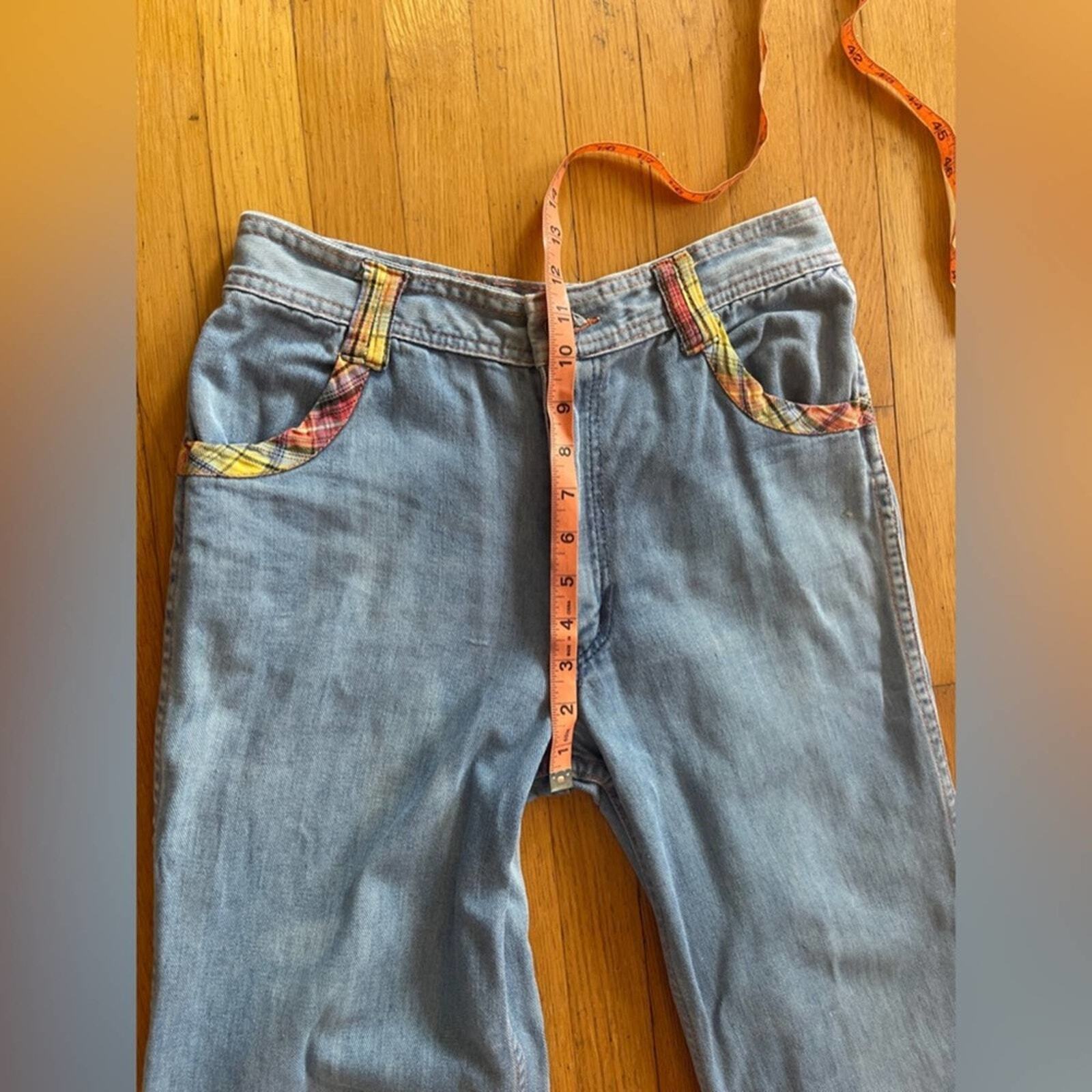 70s Vintage Faded Glory Light Wash Bell Bottoms w. Plaid Detailing