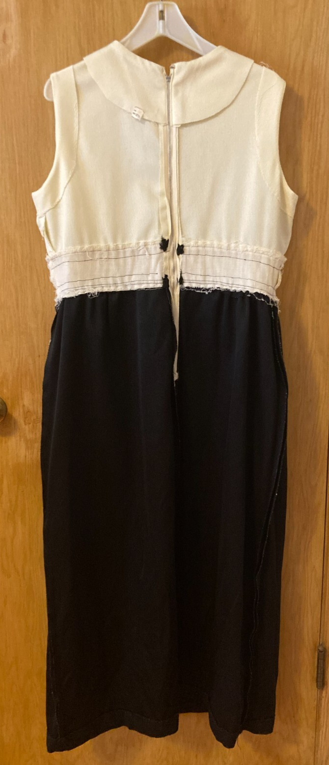 VTG 50s 60s Maxi Dress Cream Black Embroidered Rose Appliques EMPIRE 22/38W NICE