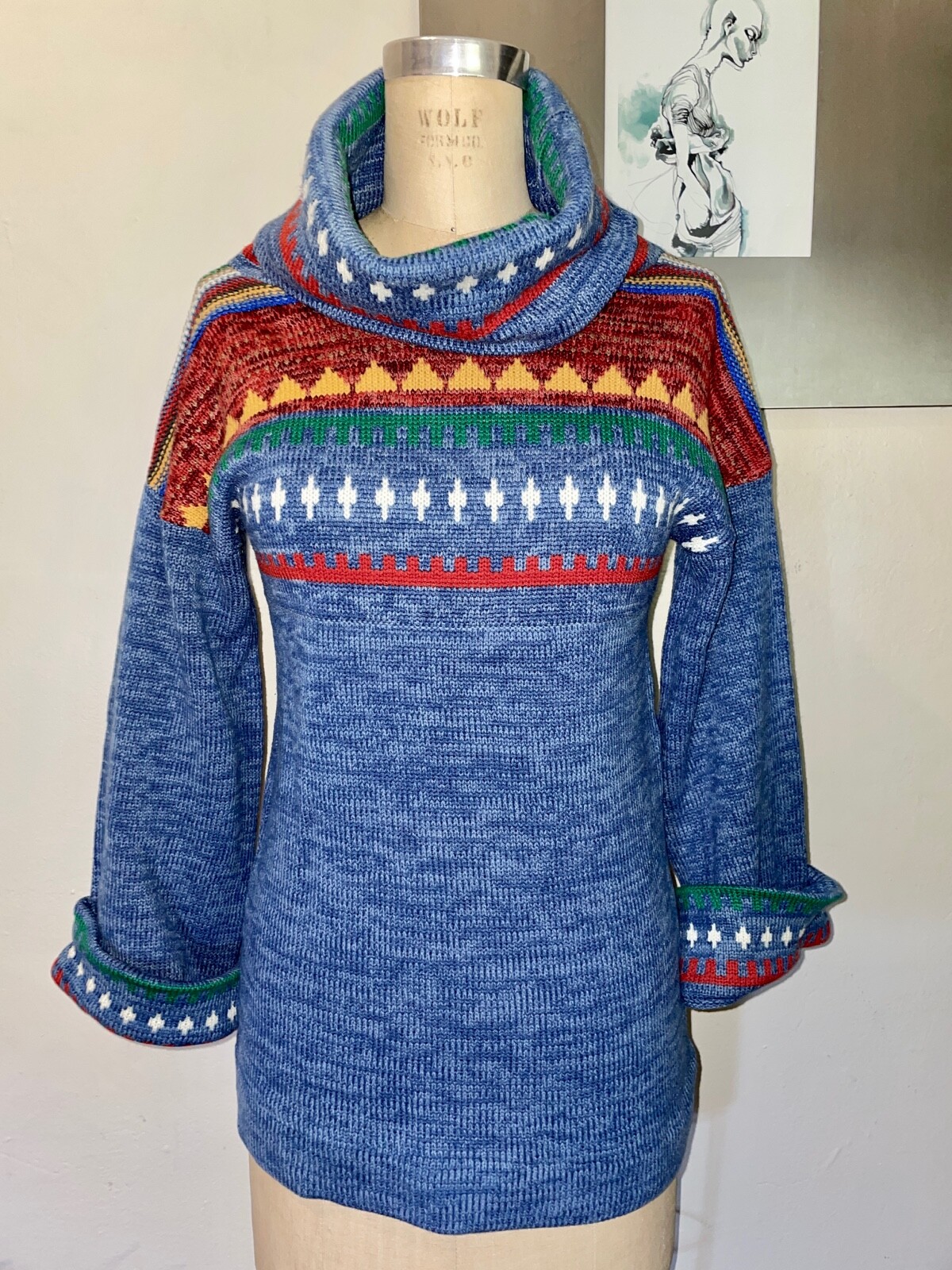VTG 70’S BOHO HIPPY SOUTHWEST NATIVE PRINT BLUE TURTLENECK A-LINE SWEATER*S