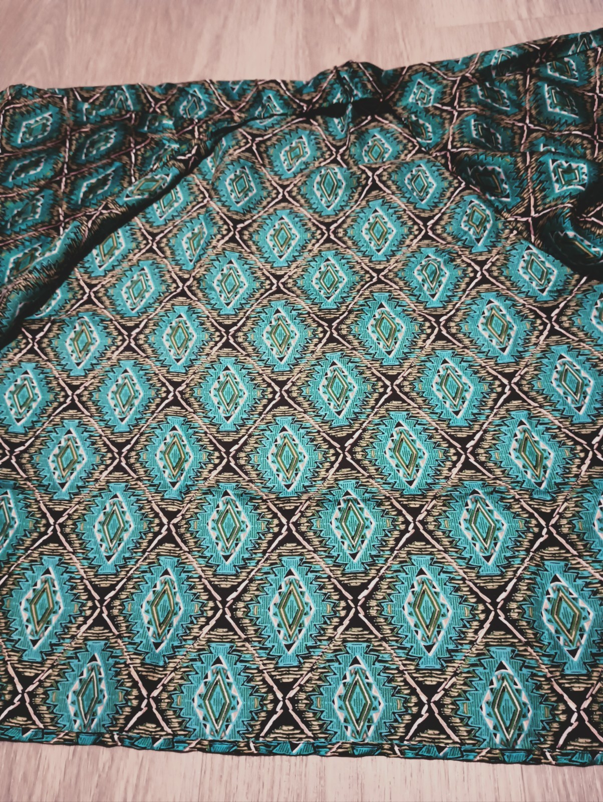 Vtg LAC BLEU Teal Geometric Southwest India Kimono Open Jacket Robe lounge L