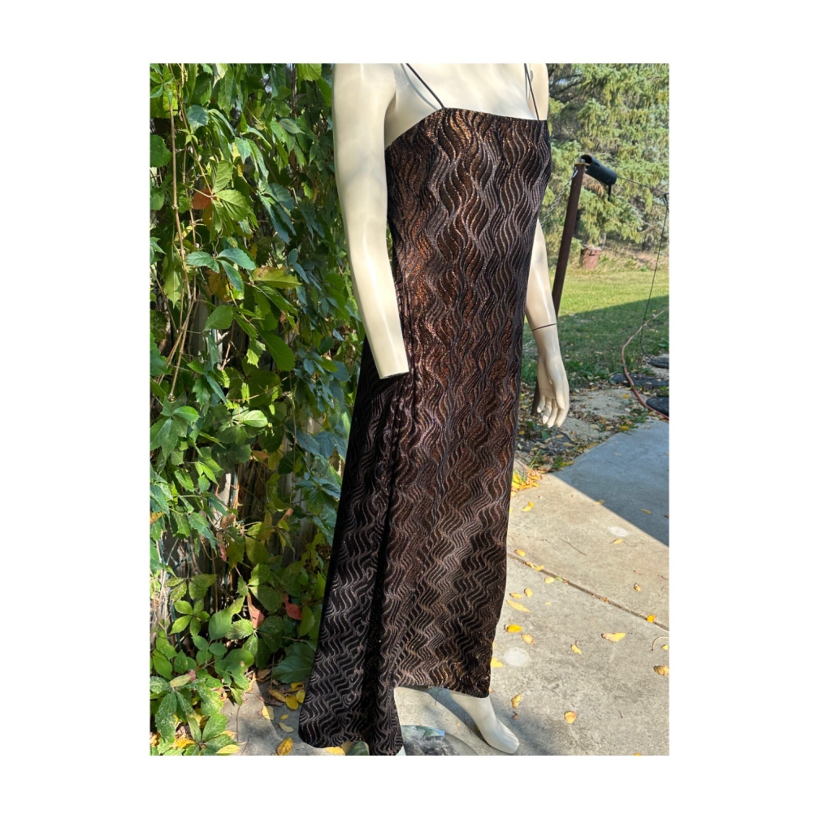 Vtg | 90s Formal Gown Dress Velvet Burnout Copper Metallic Spaghetti Straps 14
