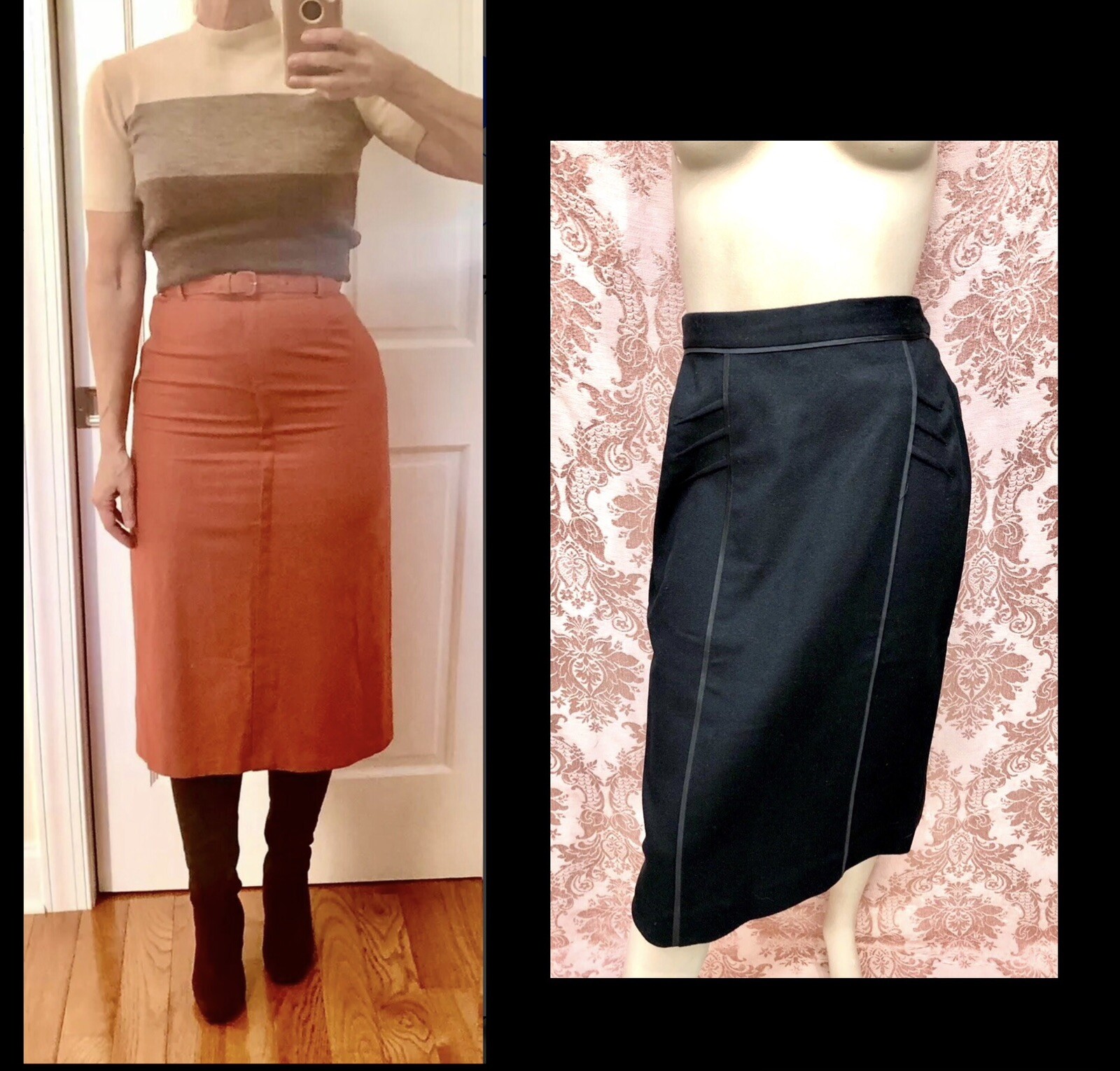 LOT-2) VTG 1950s DEADSTOCK Sexy PIN-UP PENCIL SKIRTS Black w/SATIN PIPING