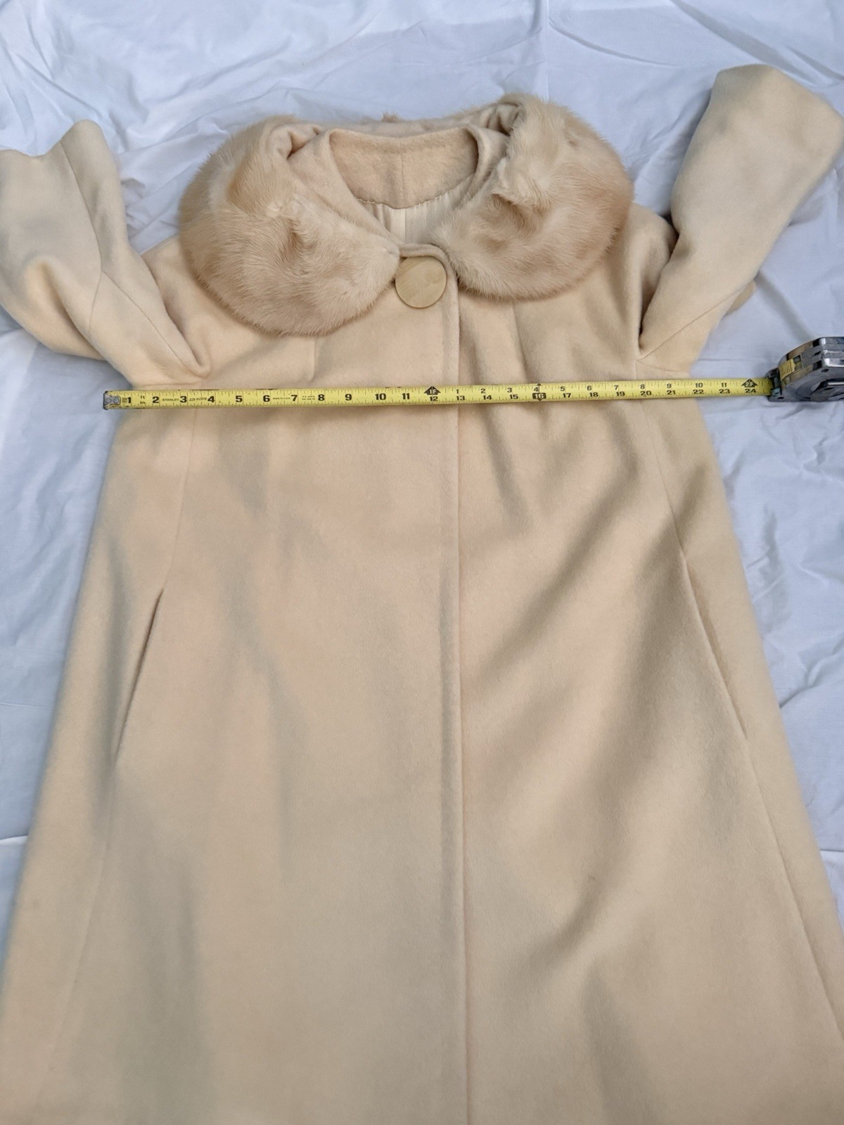 Vintage Ivory Swing Coat Real Fur Collar 50s 60s cream beige Bridal S wool USA