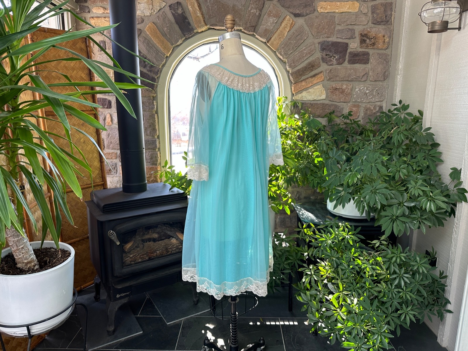 Vintage 1970s Turquoise Blue Nylon and Ivory Lace Nightgown
