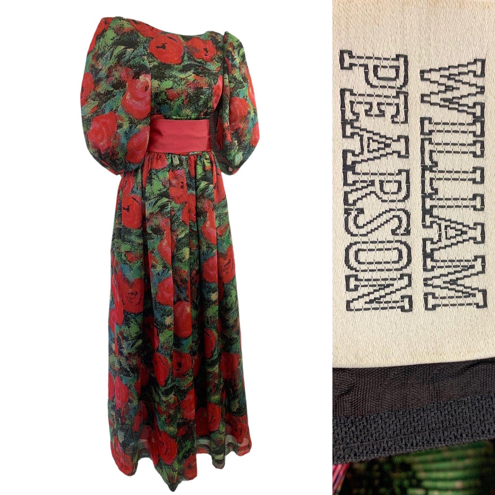 Vtg Vintage 1970s 70s Designer William Pearson Floral Bubble Sleeve Gown