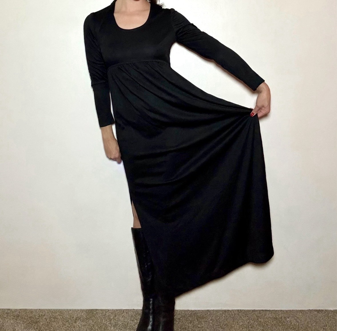 Vintage 70s Black Maxi Dress Helen Whiting Empire Waist Long Sleeve Slit Women S