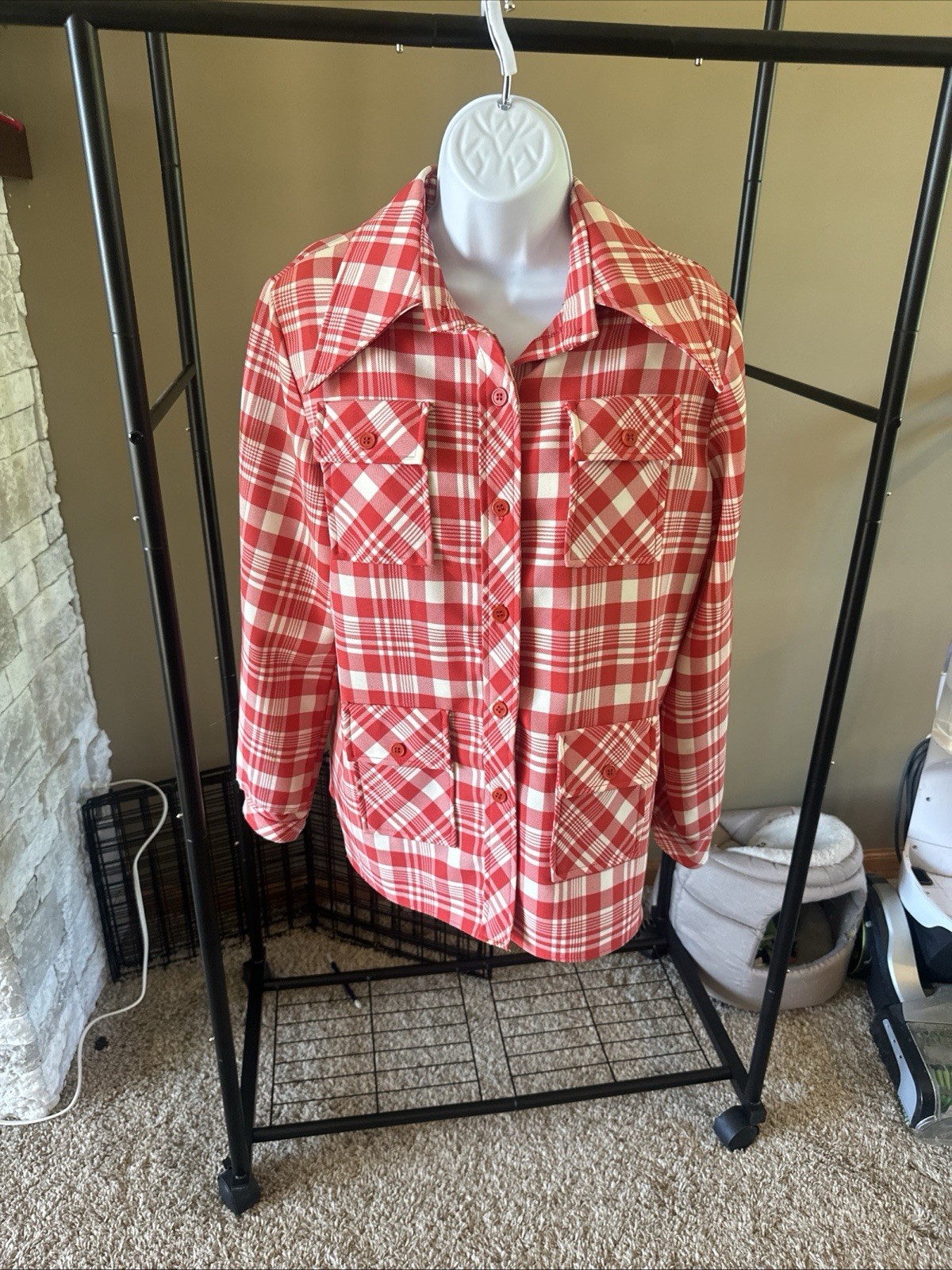 Dixie Deb Vintage Shirt Polyester Red And White Plaid. Button Up, 4 Pockets.