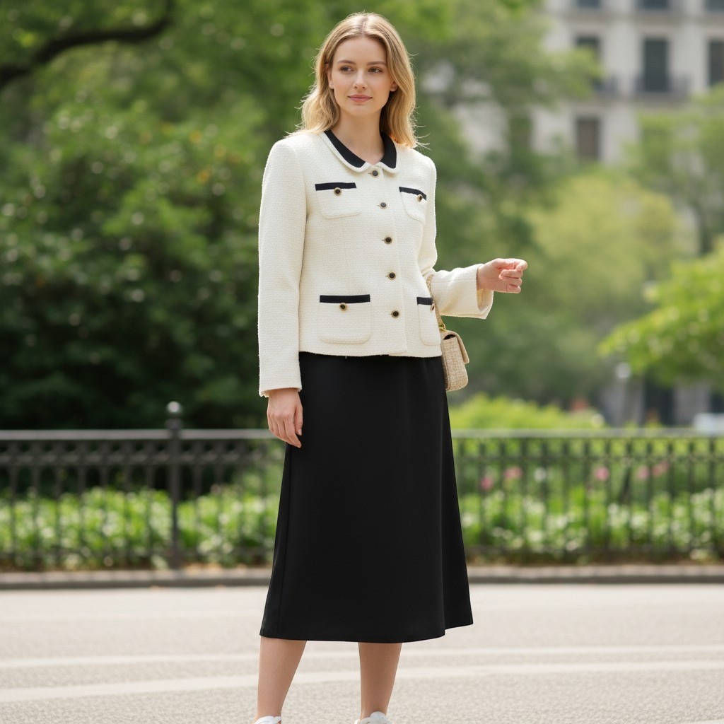 Leslie Fay Skirt Suit Womens 14P Cream Black Boucle Blazer Midi Skirt Vintage