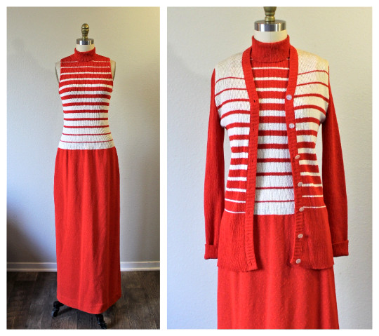 VTG 70s Red White Striped Knits By Don Sweater Dress & Cardigan 2 piece MOD