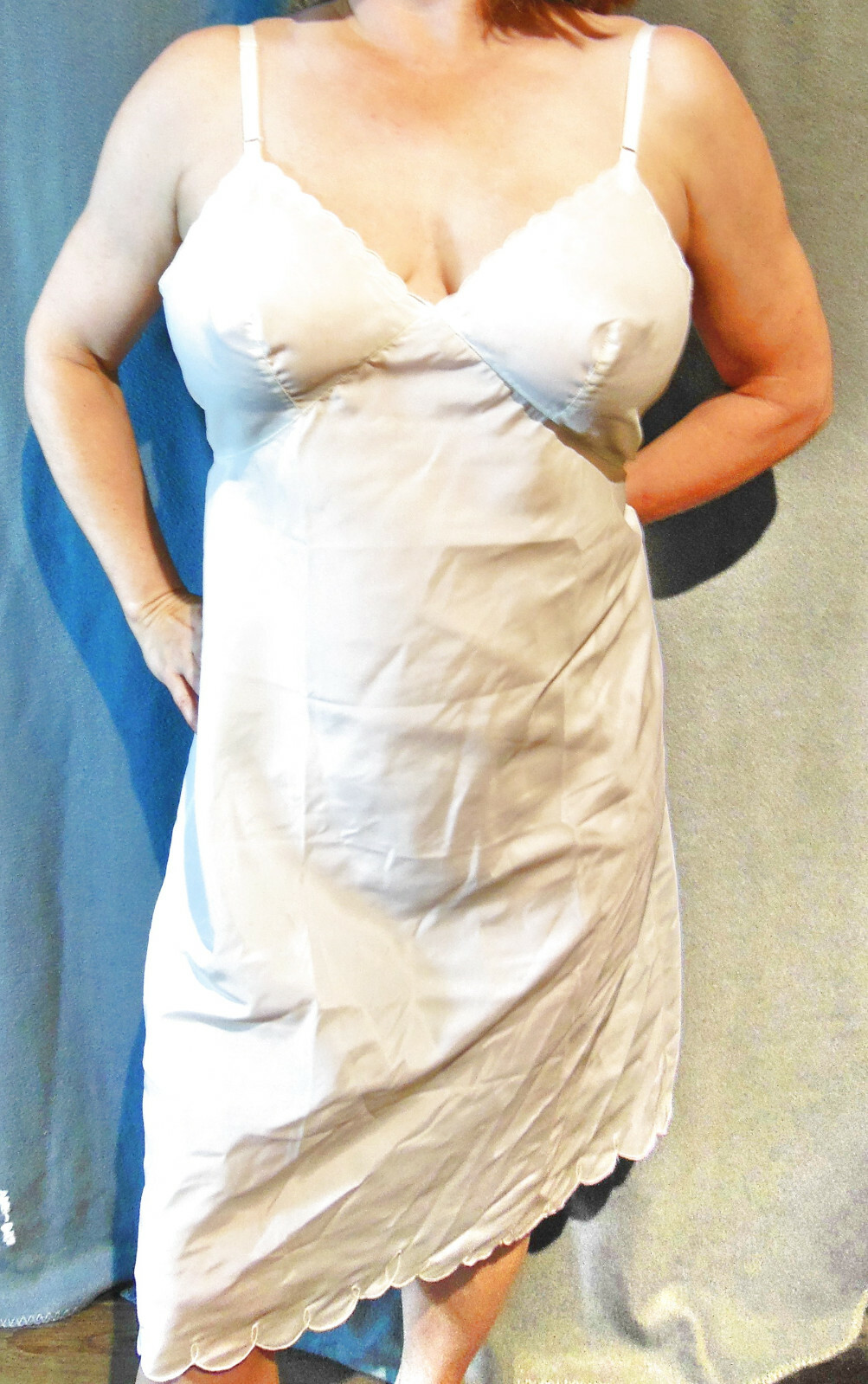 RARE FIND! I. MAGNIN ALLO VINTAGE WHITE TAFFETA SCALLOPED TRIM FULL SLIP 38 EVC
