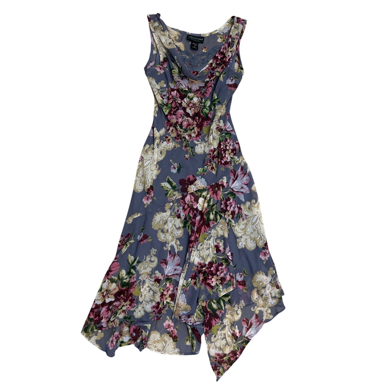 Vintage Floral Fairycore sequin Cowl Neck Handkerchief Hem evening gown Dress S
