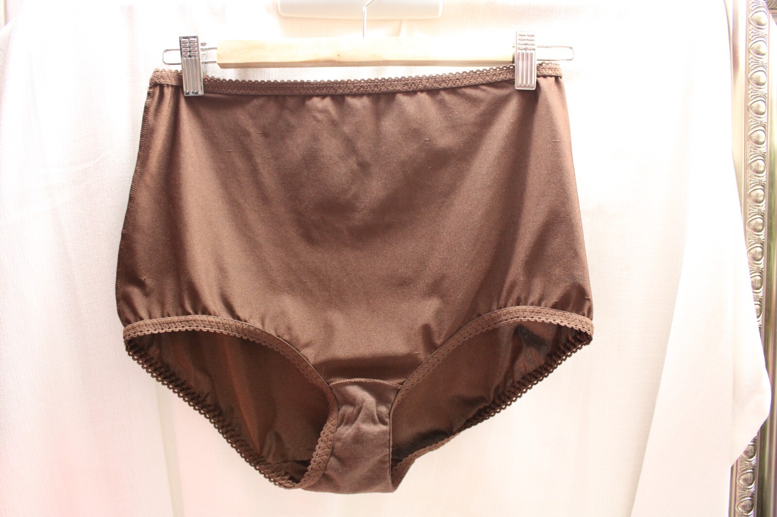 Vint. Sissy Nylo/Spand Brown Glow Brief High Waist Tummy Control Silky Panties 8