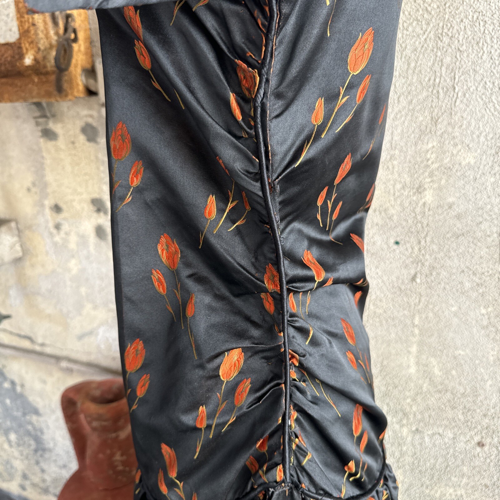 Antique 1920s Orange Tulip Silk Brocade Dress 1890s Fabric Full Length Vintage