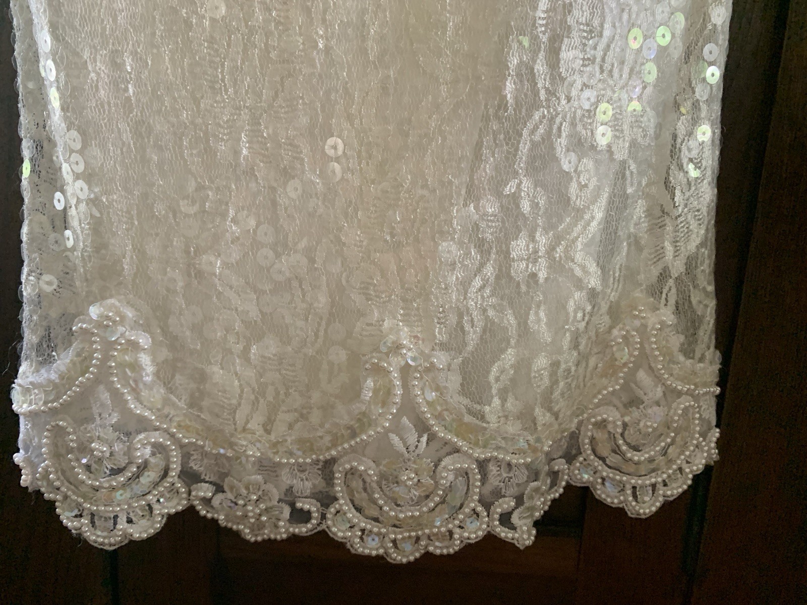 Vintage 80’s-90’s Sequin Beaded Ivory Formal Dress Gown Bow Sleeves Wedding Prom