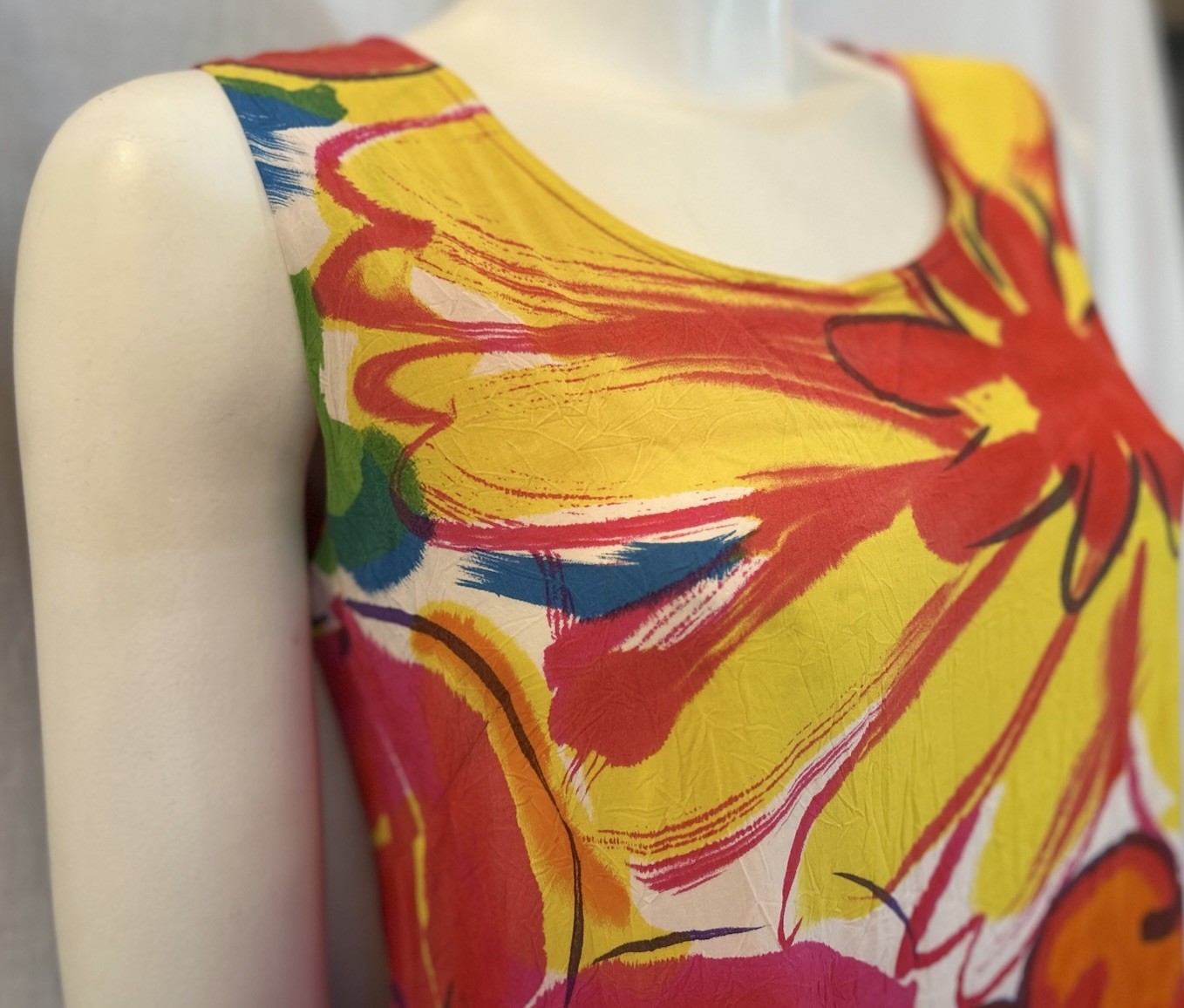 VTG Jams World Floral Splash Crinkle Beach Hawaiian Sleeveless Mini Dress SZ S
