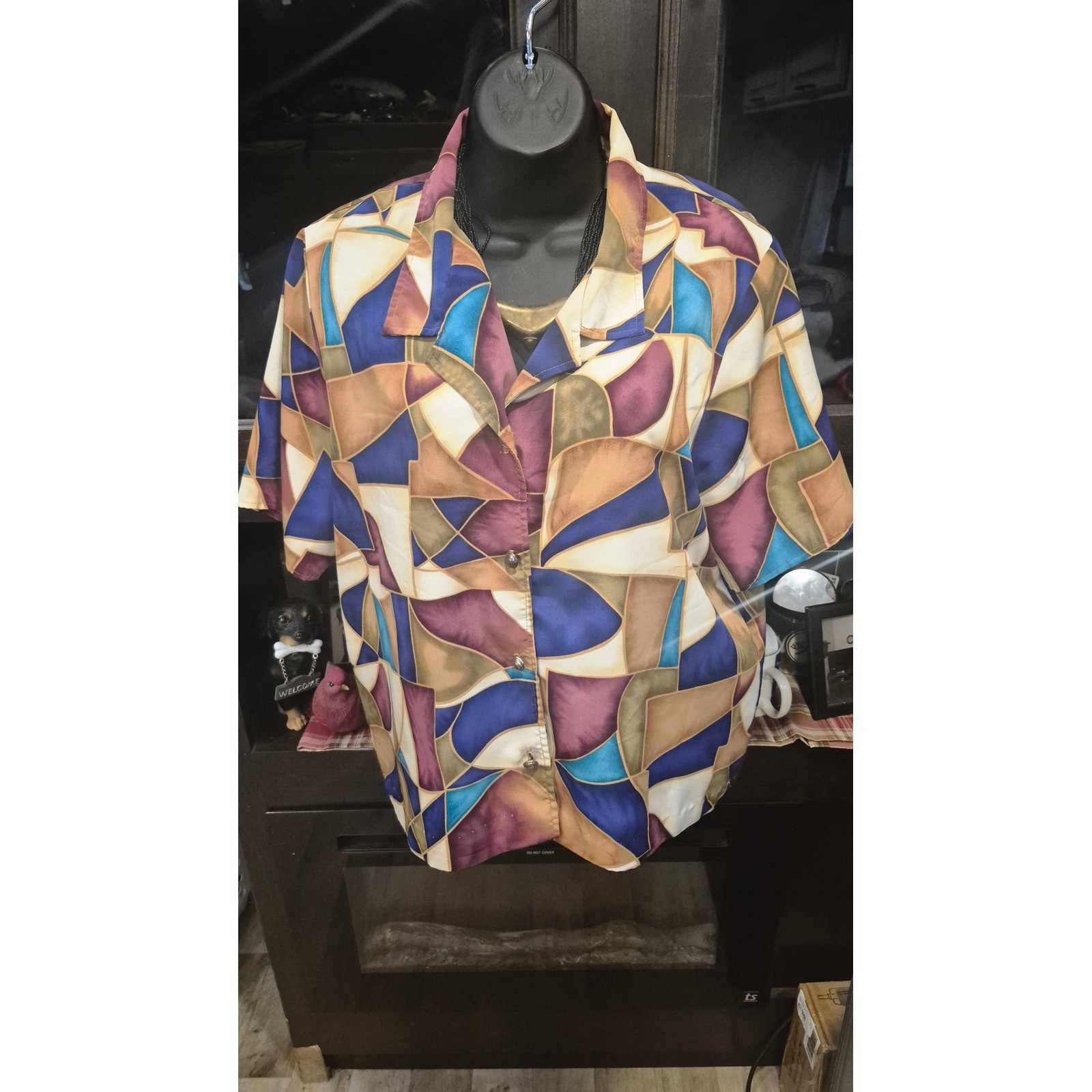 Vintage Maggie Sweet Blouse Abstract Print Made USA Retro Artsy Top Size M L