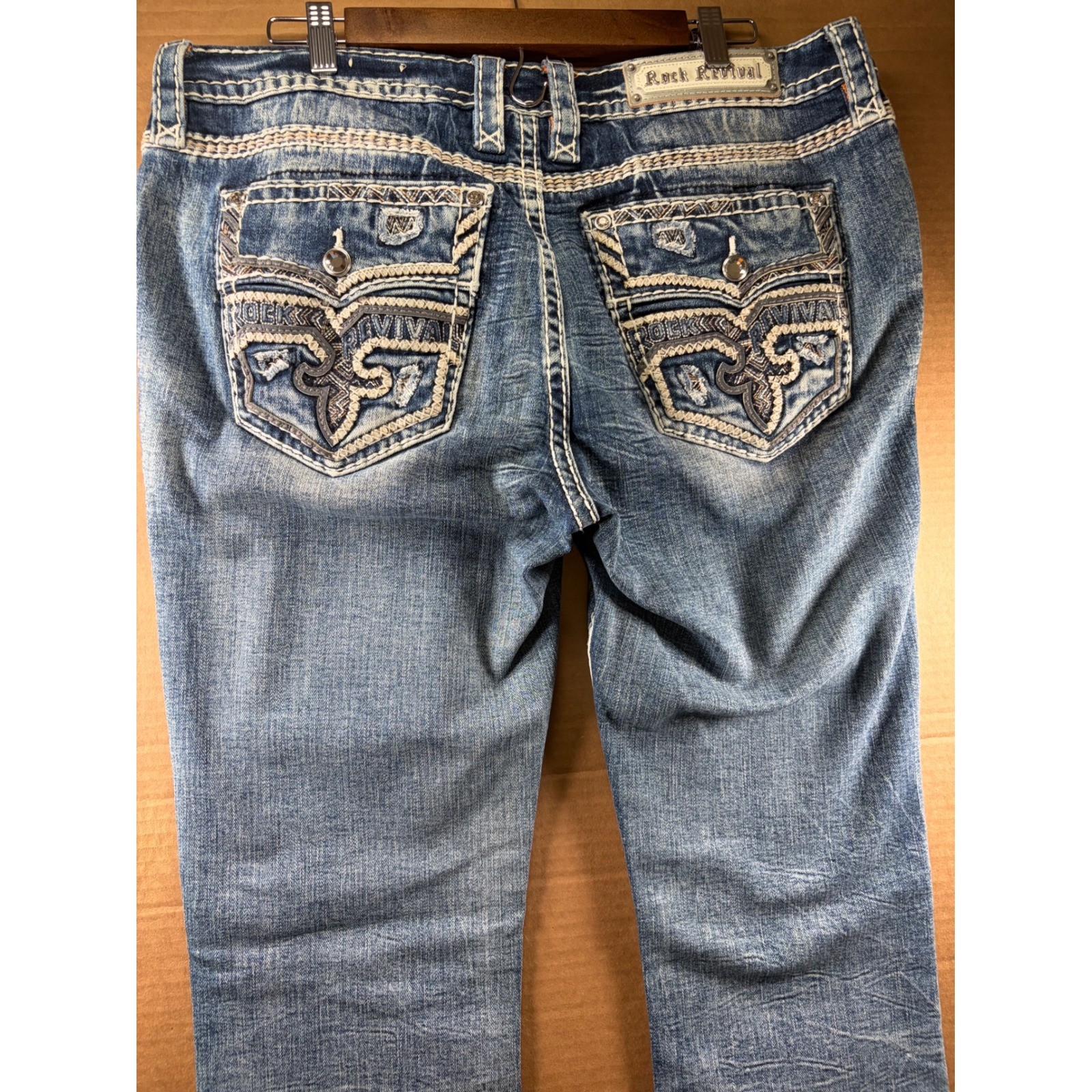 Rock Revival Hee Boot Jeans Womens 36×30 Blue Thick Stitch Flap Pocket Denim