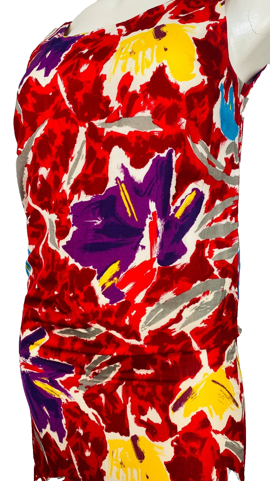 Vintage 1970s colorful floral dress L sleeveless red abstract shift sundress