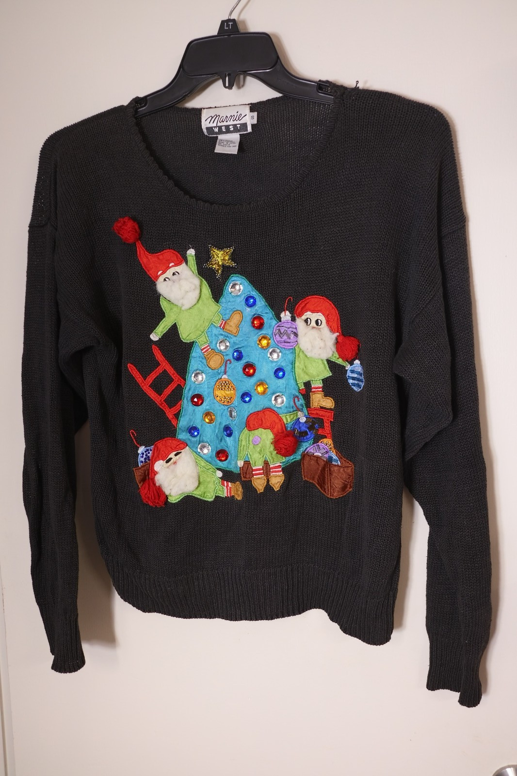 Marnie West VTG Ugly Christmas Sweater Christmas Tree Elves Ornaments Size Small