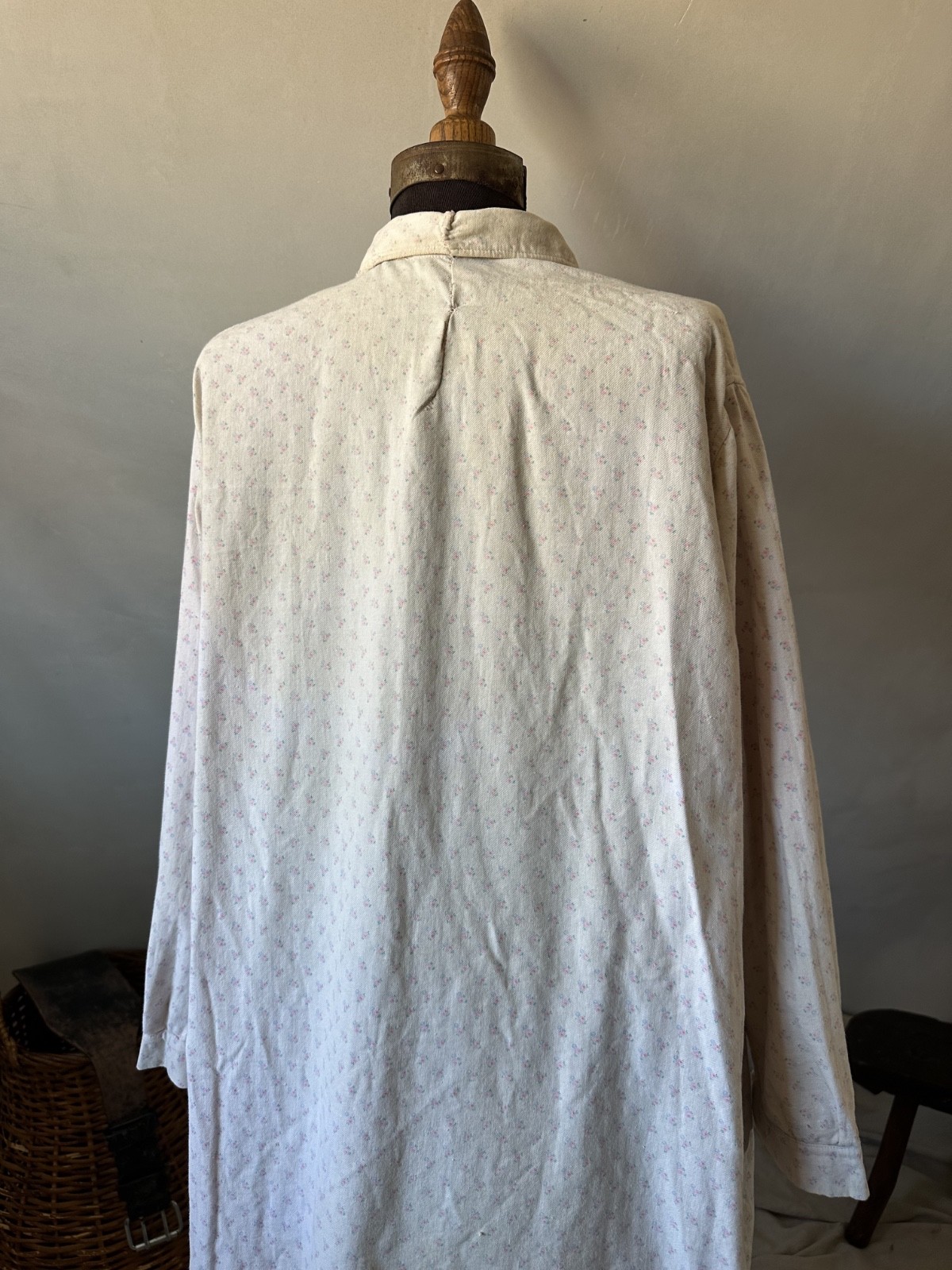 1920s 30s French Pink Flannel Dress Floral Pullover Nightgown Fade Repairs Worn